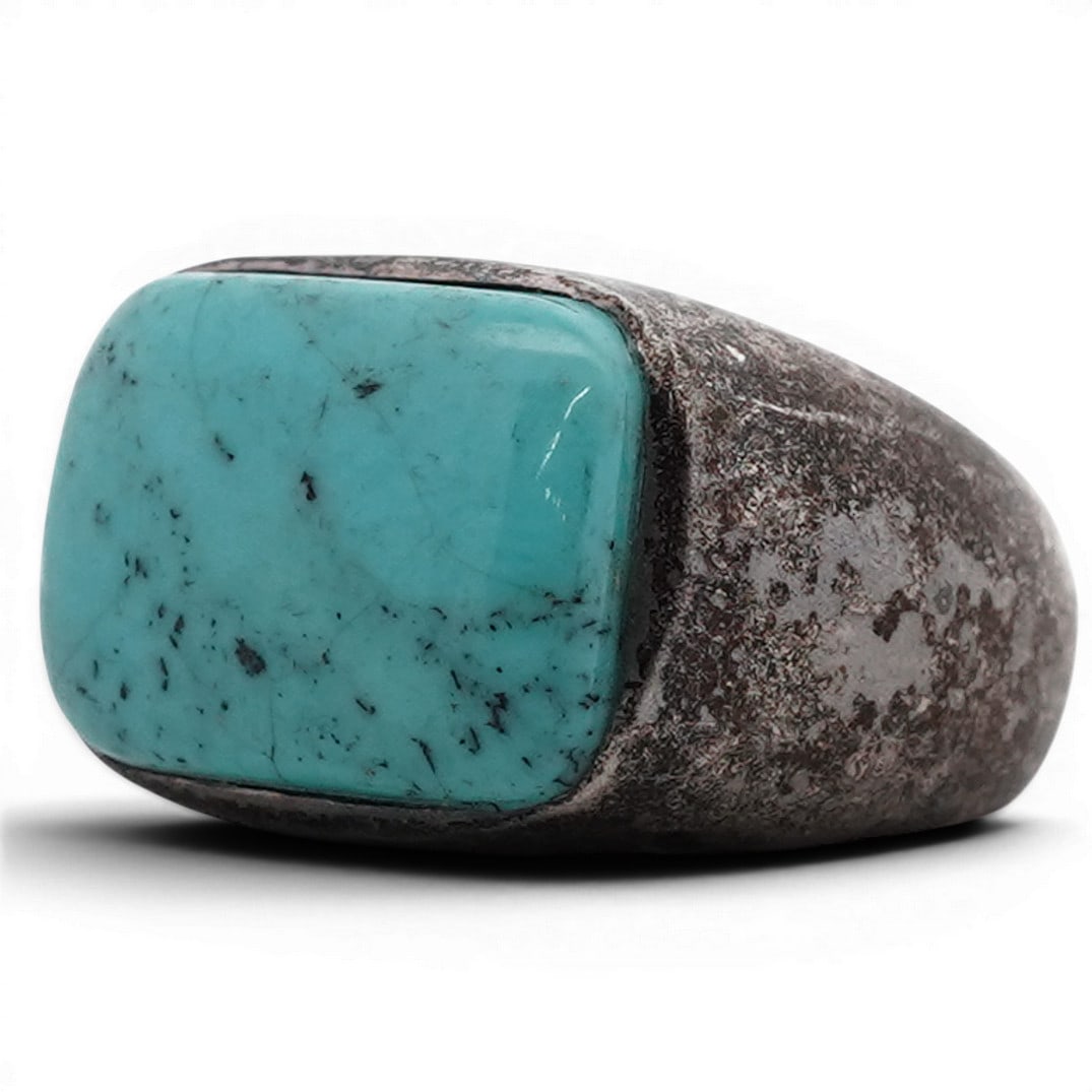 Vintage Indian Sterling Silver & Turquoise Ring Signed: Vintage Indian Sterling Silver & Turquoise Ring Signed Late 20th Century, India Vintage sterling silver ring set with a rectangular turquoise cabochon displaying light matrix inclusions. Stone bezel-s