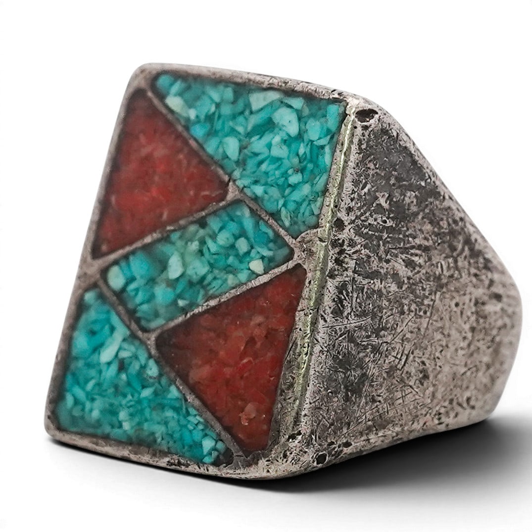 Vintage Navajo Sterling Silver Turquoise & Coral Chip Inlay Ring (1 of 5)