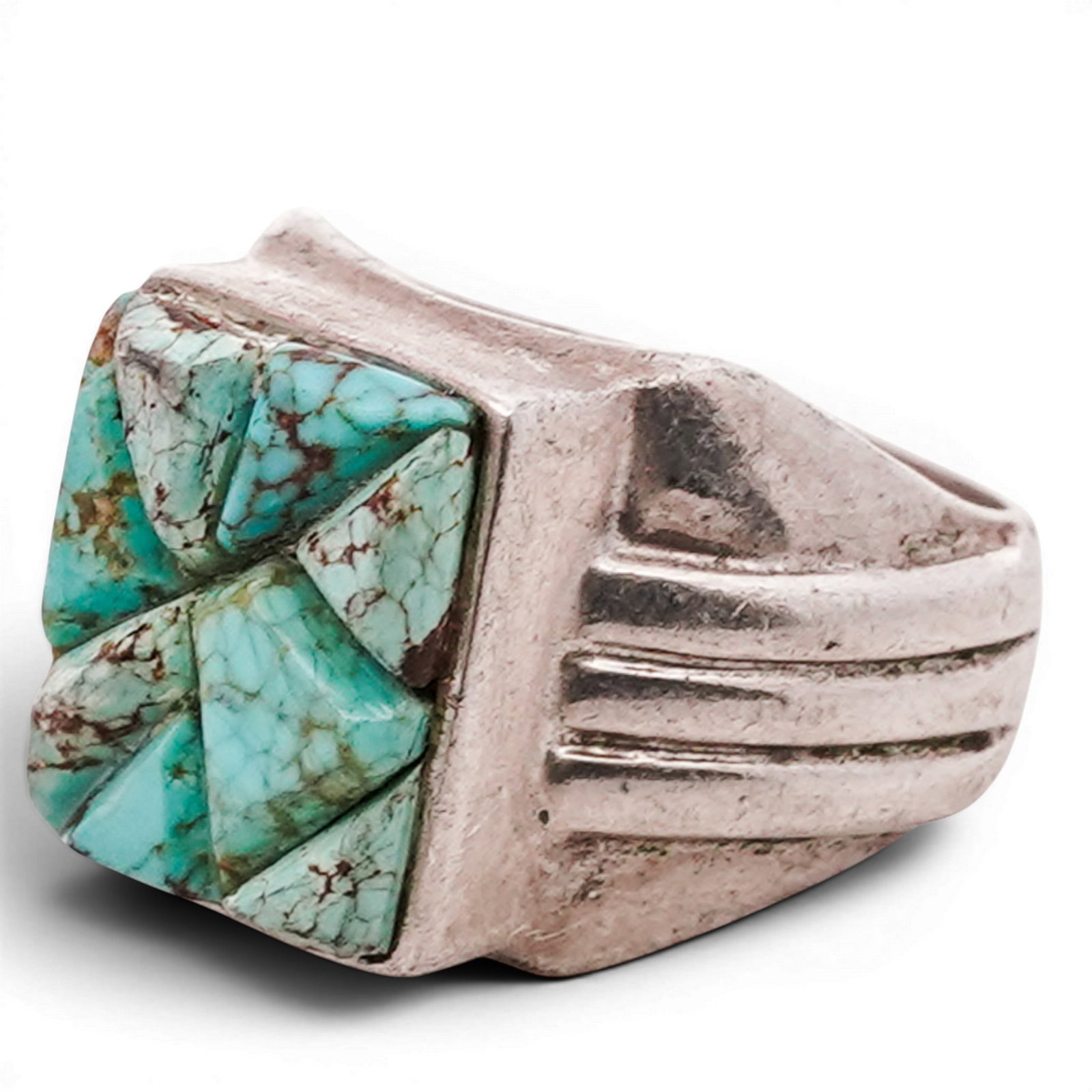 Vintage Navajo Sterling Silver & Turquoise Mosaic Ring Signed: Vintage Navajo Sterling Silver & Turquoise Mosaic Ring Signed 1970s-1980s, USA Square-form ring set with a geometric turquoise mosaic composed of triangular segments arranged in a pattern, displaying 