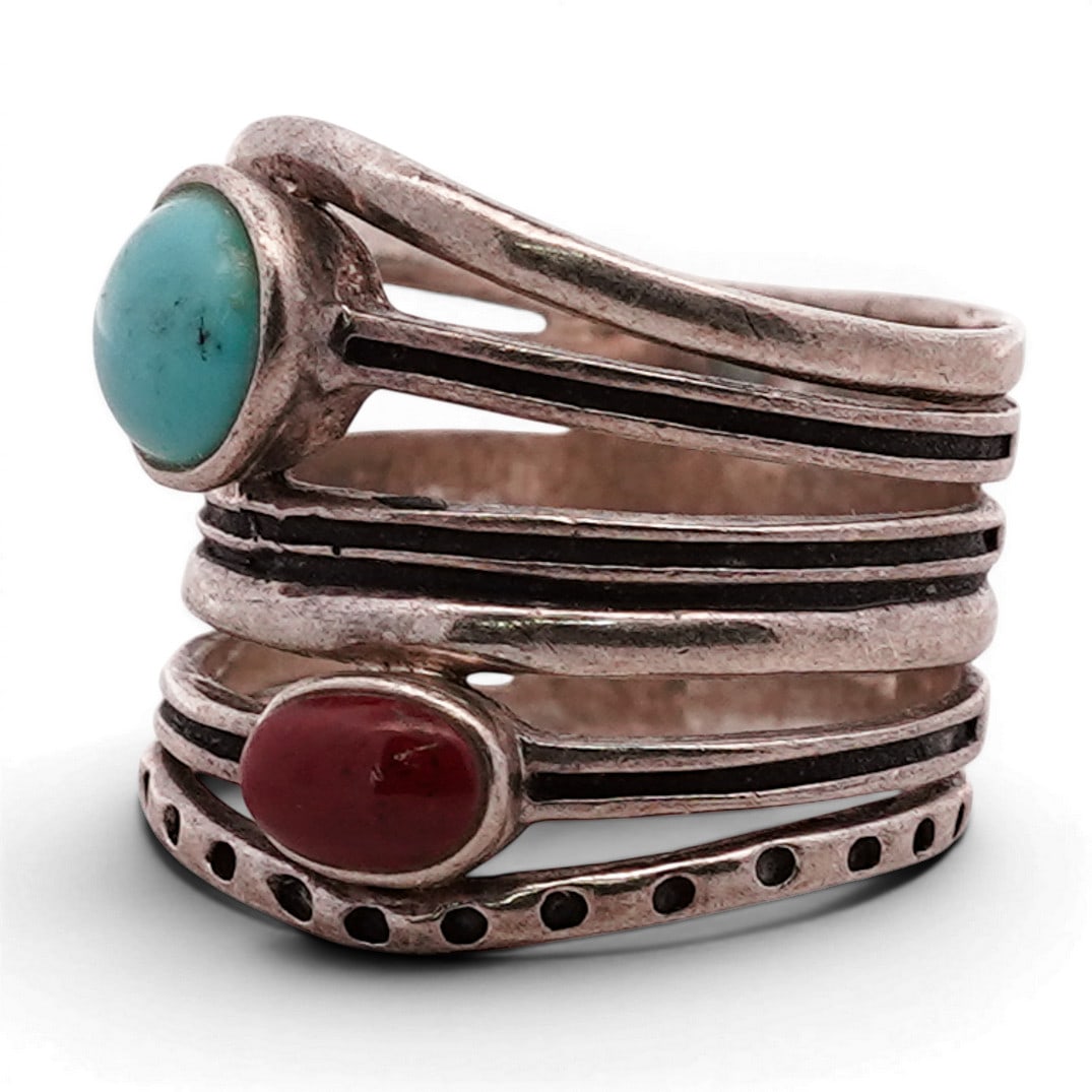 Vintage Navajo Sterling Silver Turquoise & Coral Ring (1 of 4)