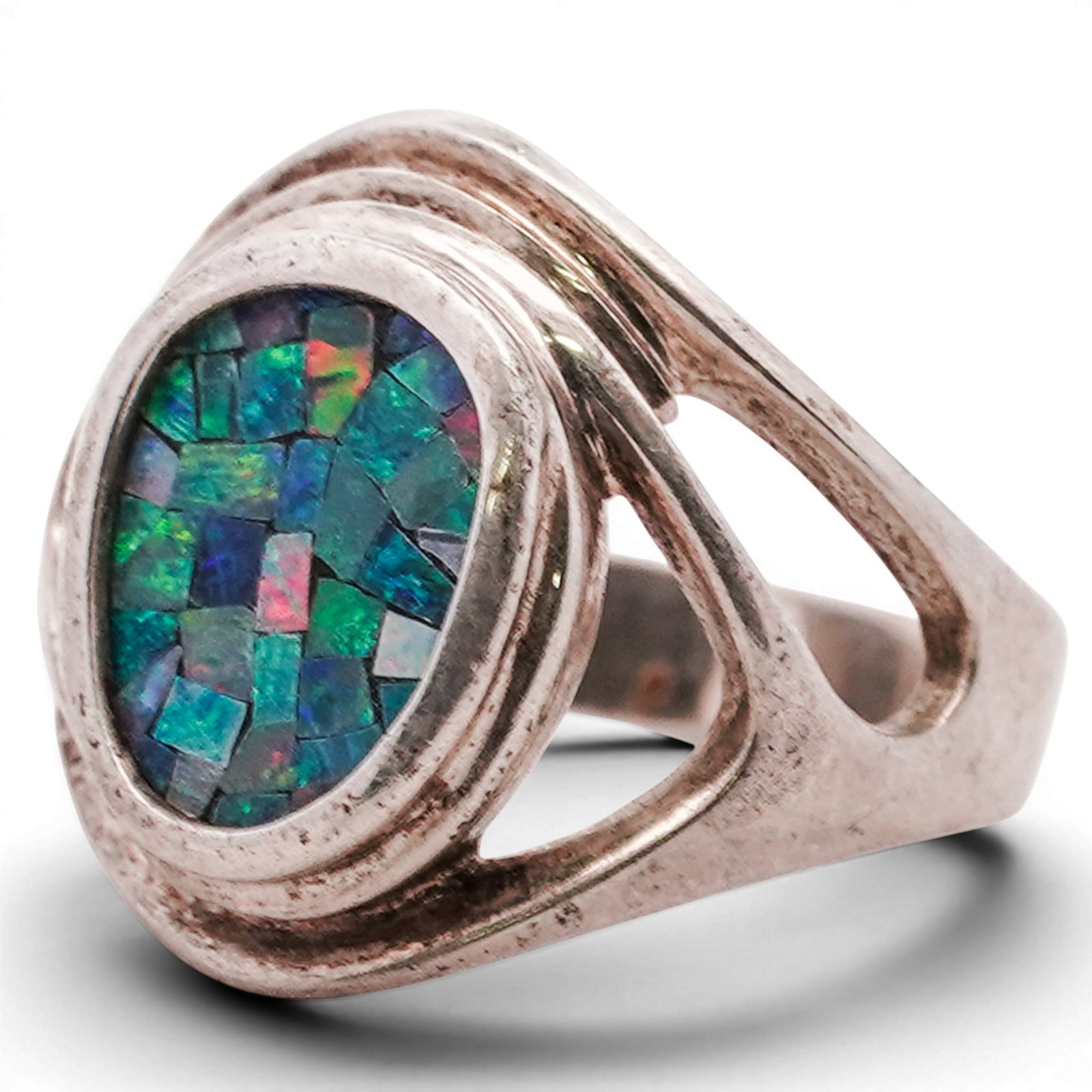 Sterling Silver & Mosaic Opal Ring Signed (1 of 5)
