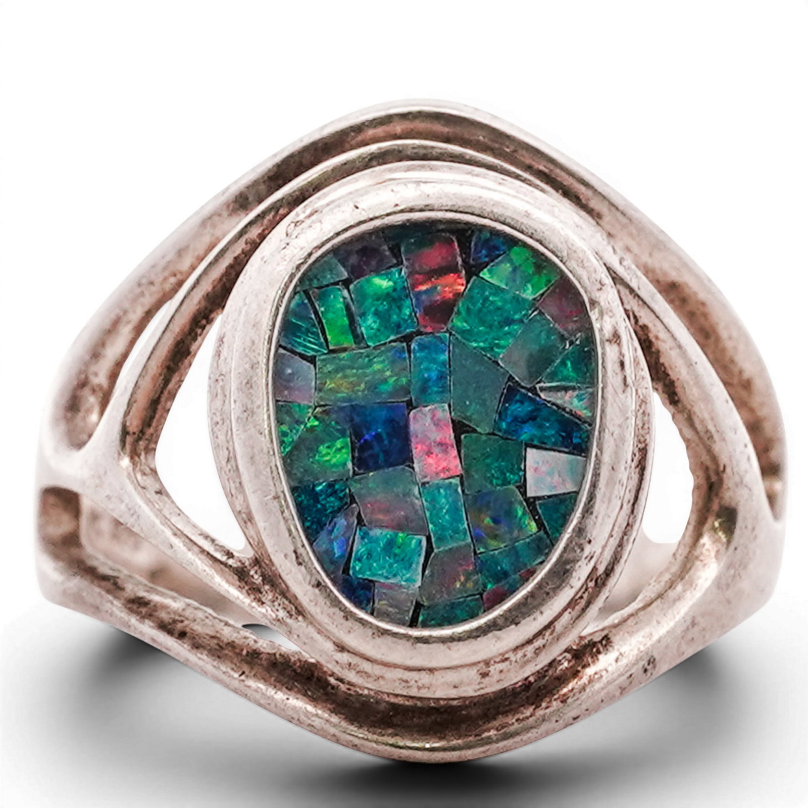 Sterling Silver & Mosaic Opal Ring Signed - 2