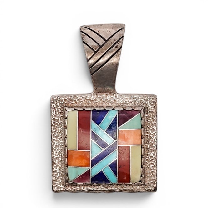 Roderick M. Tenorio for Relios Sterling Silver & 14K Gold Pendant: Roderick M. Tenorio for Relios Sterling Silver & 14K Gold Pendant Late 20th Century, USA Sterling silver and 14k gold square-form ring featuring a geometric multi-stone inlay panel composed of turquoi