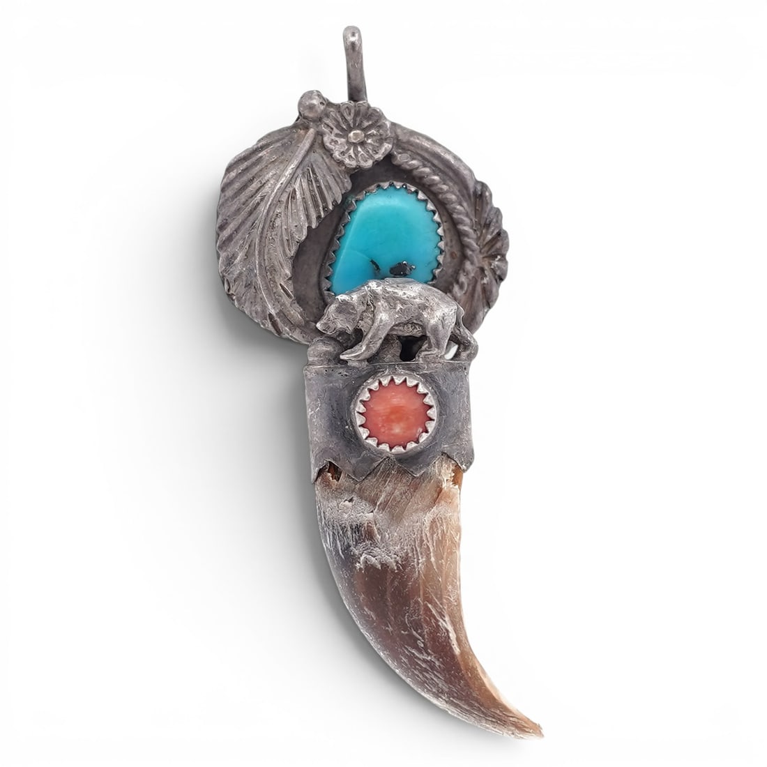Southwest Sterling Silver Turquoise Coral & Claw Pendant: Southwest Sterling Silver Turquoise Coral & Claw Pendant Late 20th Century, USA. Sterling silver pendant featuring a cast figural composition with applied elements, set with a turquoise cabochon and c