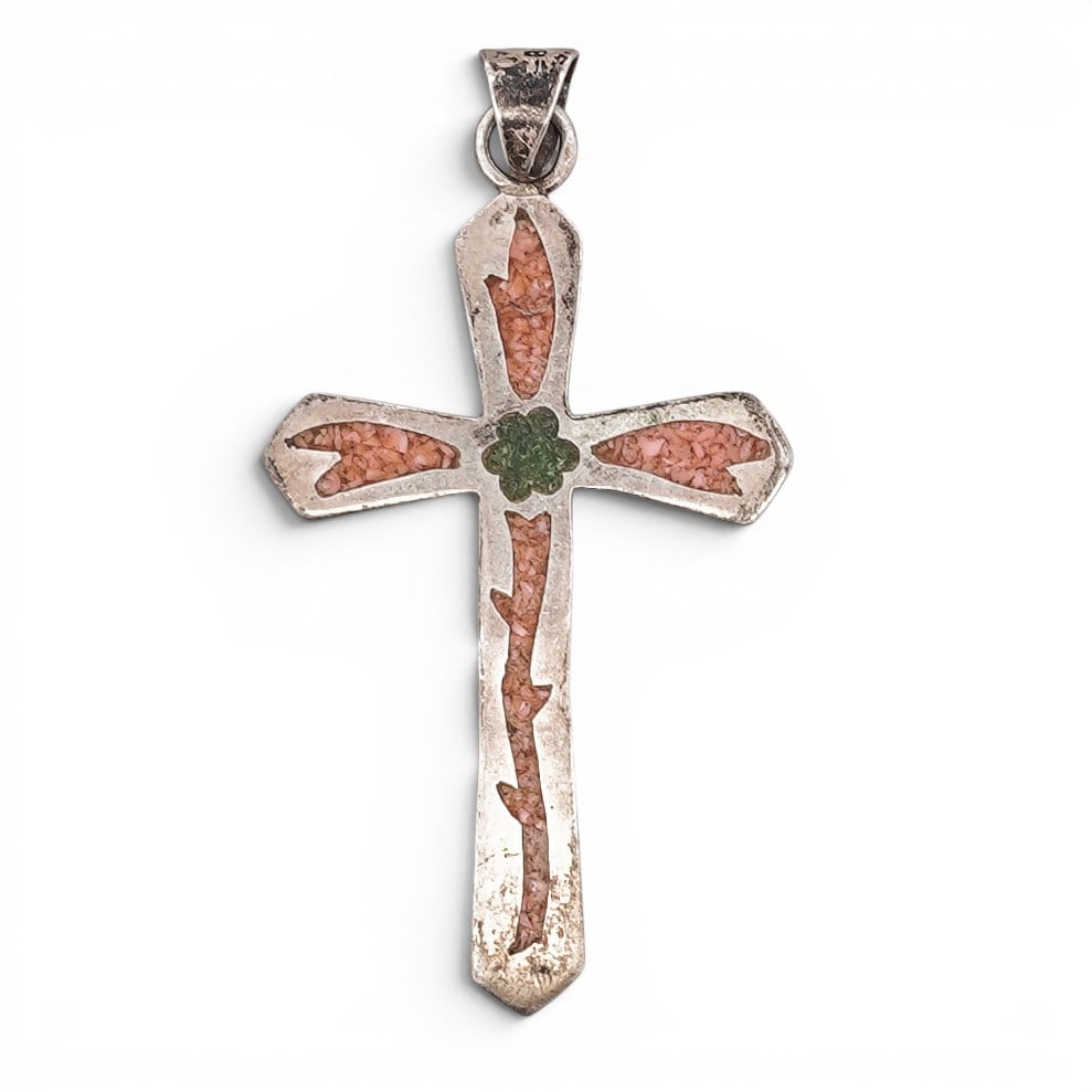 Vintage Mexican Sterling Silver Inlay Cross Pendant Signed: Vintage Mexican Sterling Silver Inlay Cross Pendant Signed 1970s-1980s, Mexican Sterling silver cross pendant with recessed inlay panels, featuring crushed stone inlay in pink and green tones. Marked
