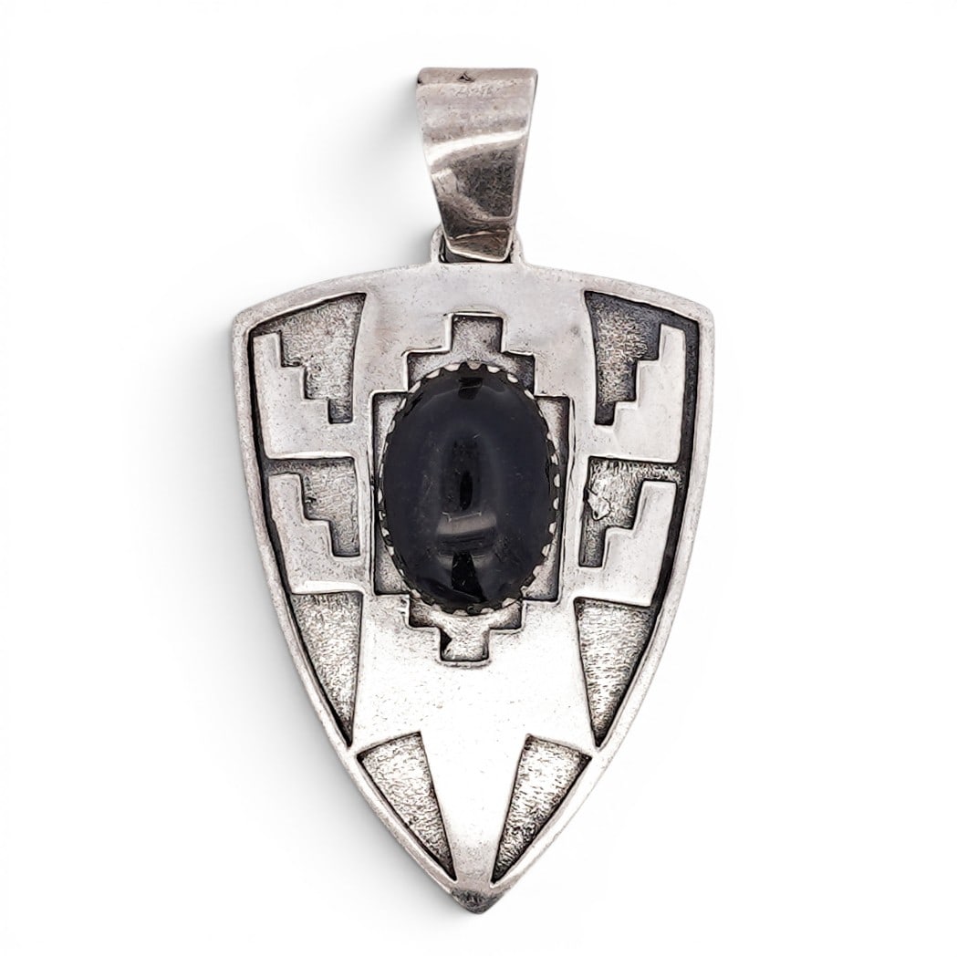 Southwestern Sterling Silver & Onyx Shield Pendant Signed (1 of 5)
