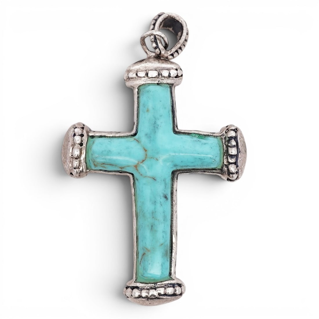 Vintage Navajo Sterling Silver & Turquoise Cross Pendant Signed: Vintage Navajo Sterling Silver & Turquoise Cross Pendant Signed 1970s-1980s, USA Cross-form pendant with smooth turquoise inlay segments forming the arms, framed by raised silver borders with applied 