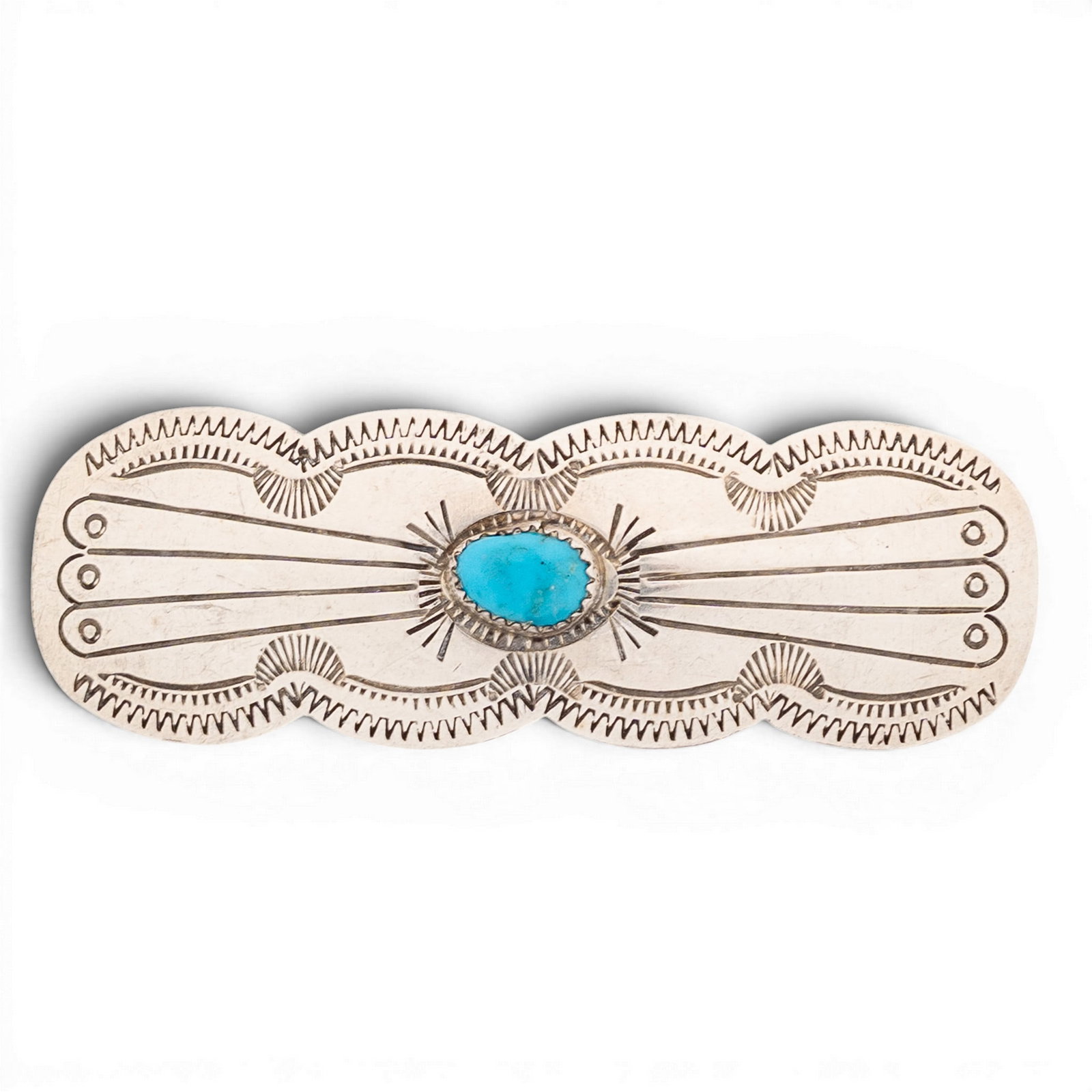 Vintage Navajo Sterling Silver & Turquoise Stamped Hair Barrette: Vintage Navajo Sterling Silver & Turquoise Stamped Hair Barrette Late 20th Century, USA Vintage Navajo sterling silver hair barrette with an oval turquoise cabochon set in a serrated bezel at center, 