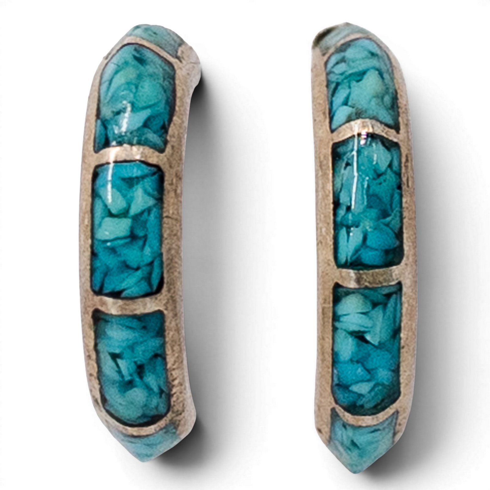 Vintage Southwestern Sterling Silver & Turquoise Inlay Earrings Signed: Vintage Southwestern Sterling Silver & Turquoise Inlay Earrings Signed 1970s-1980s, USA Pair of Southwestern sterling silver half hoop earrings with channel-set turquoise chip inlay in rounded crescen