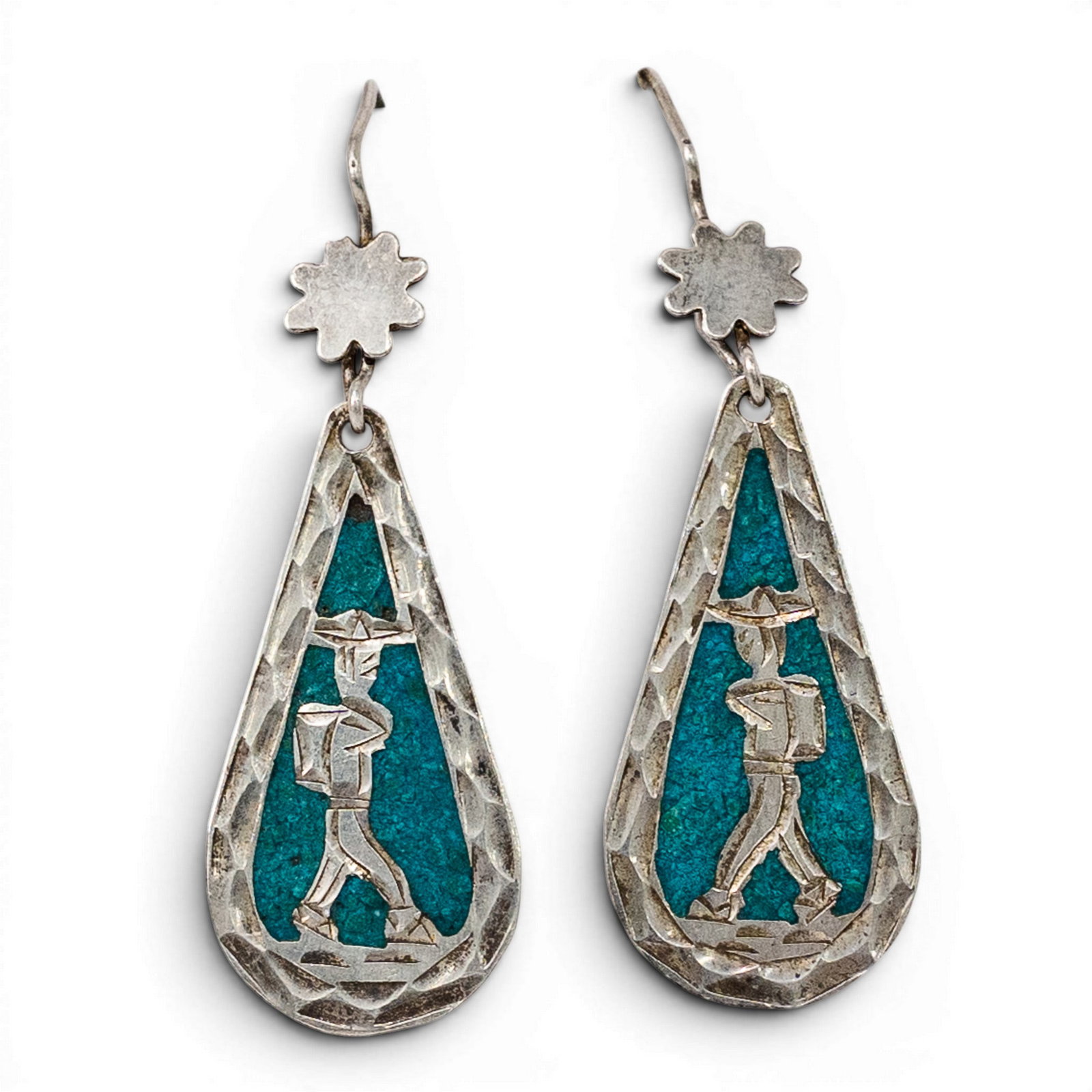 Vintage Mexican Sterling Silver & Turquoise Inlay Figural Dangle Earrings (1 of 2)