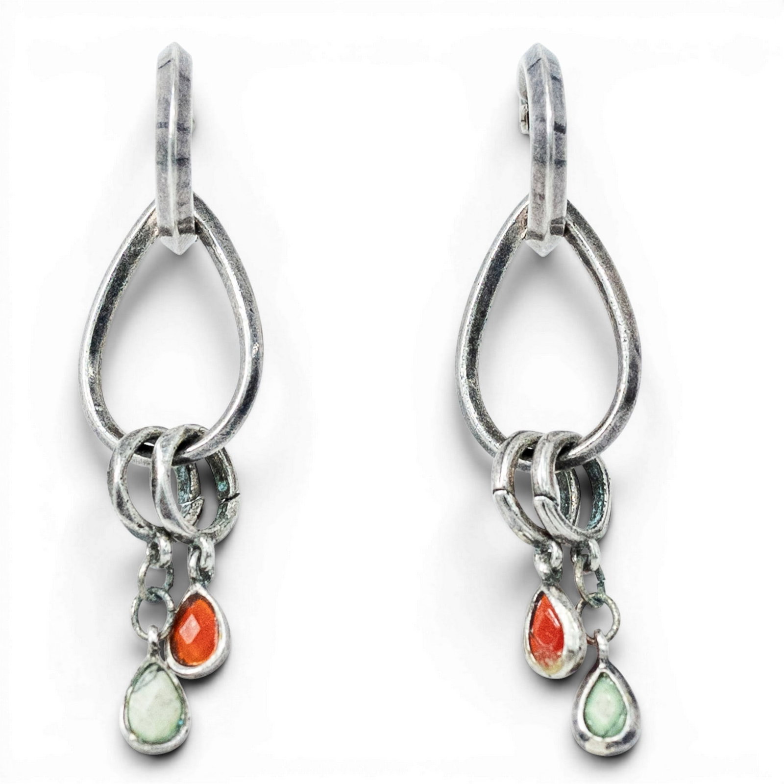 Southwestern Silver-Tone Multi-Stone Hoop Earrings: Southwestern Silver-Tone Multi-Stone Hoop Earrings 1980s–1990s, USA Pair of silver-tone hoop earrings suspending freeform oval drops with bezel-set white stone and coral-tone bead accents. Openwork 
