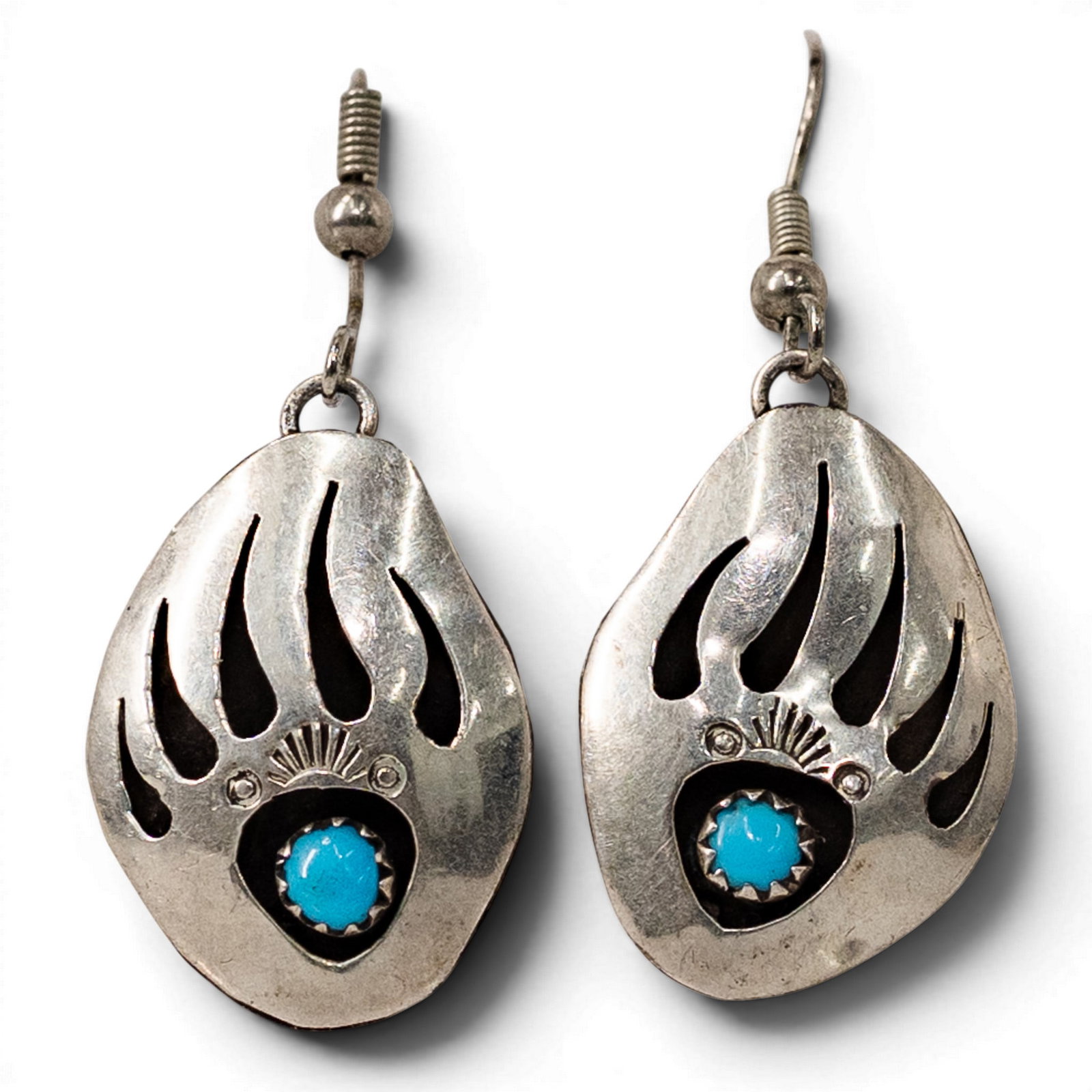 Vintage Navajo Sterling Silver & Turquoise Bear Paw Dangle Earrings (1 of 2)