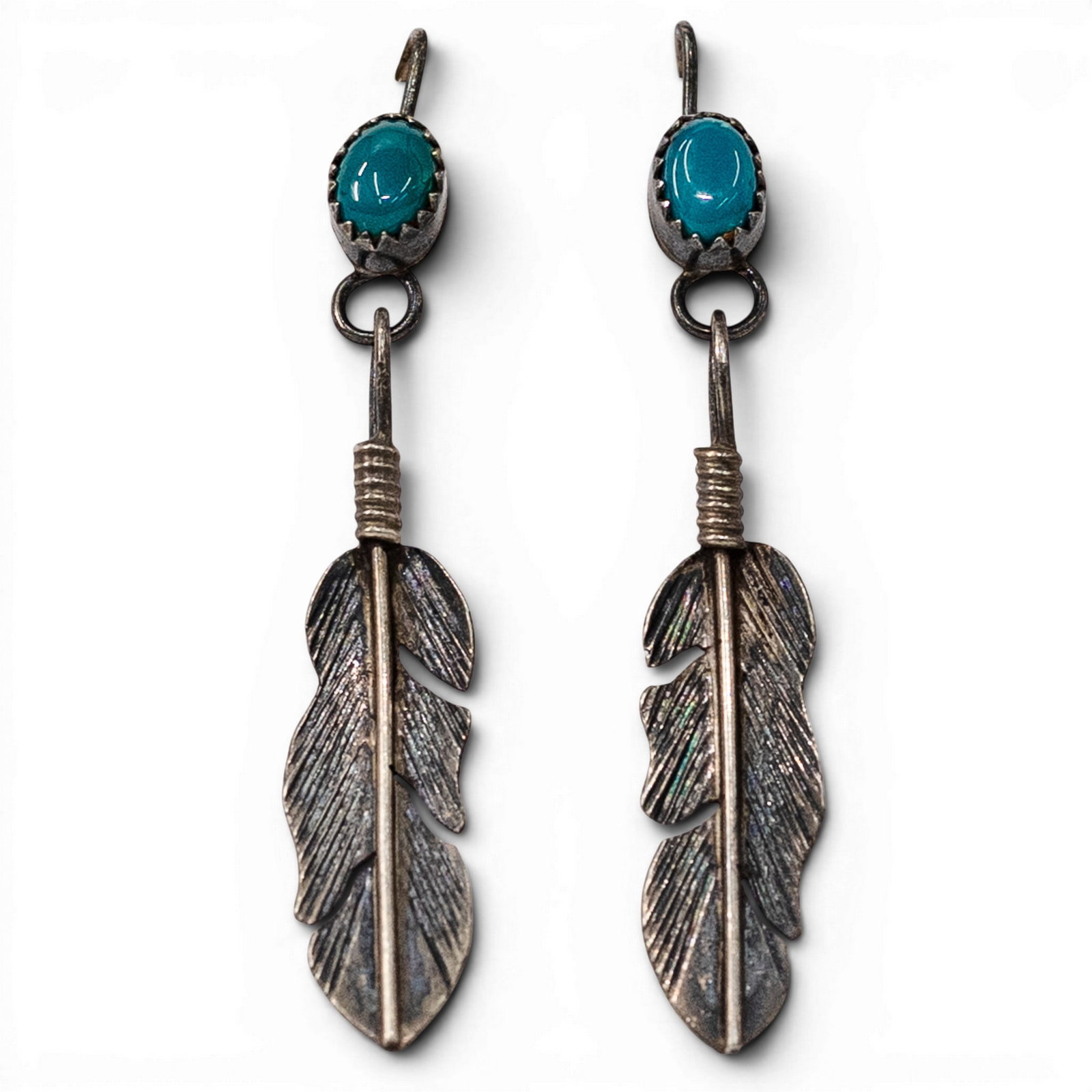 Vintage Navajo Sterling Silver & Turquoise Feather Dangle Earrings (1 of 2)