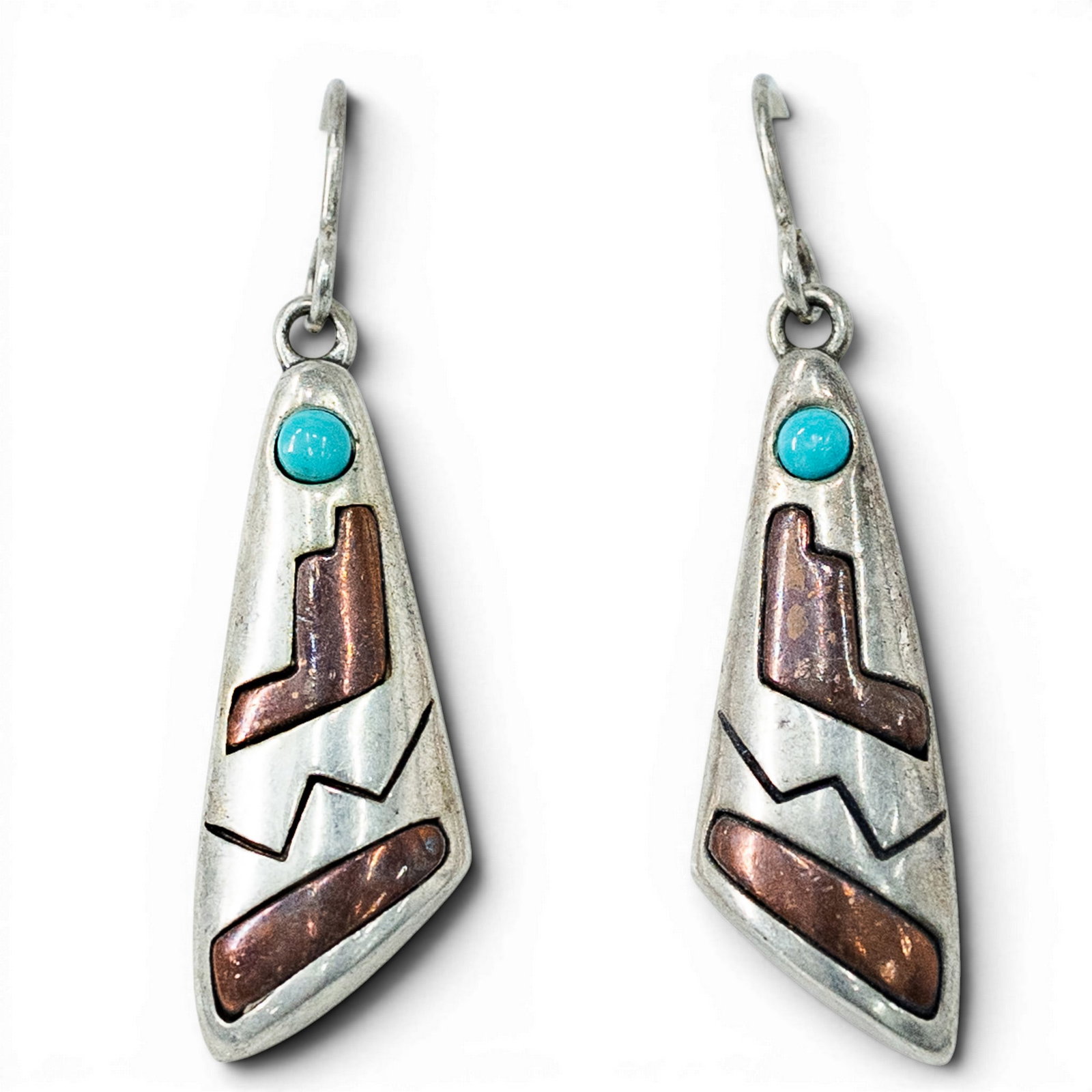 Southwestern Sterling Silver Turquoise & Copper Inlay Earrings Signed (1 of 2)
