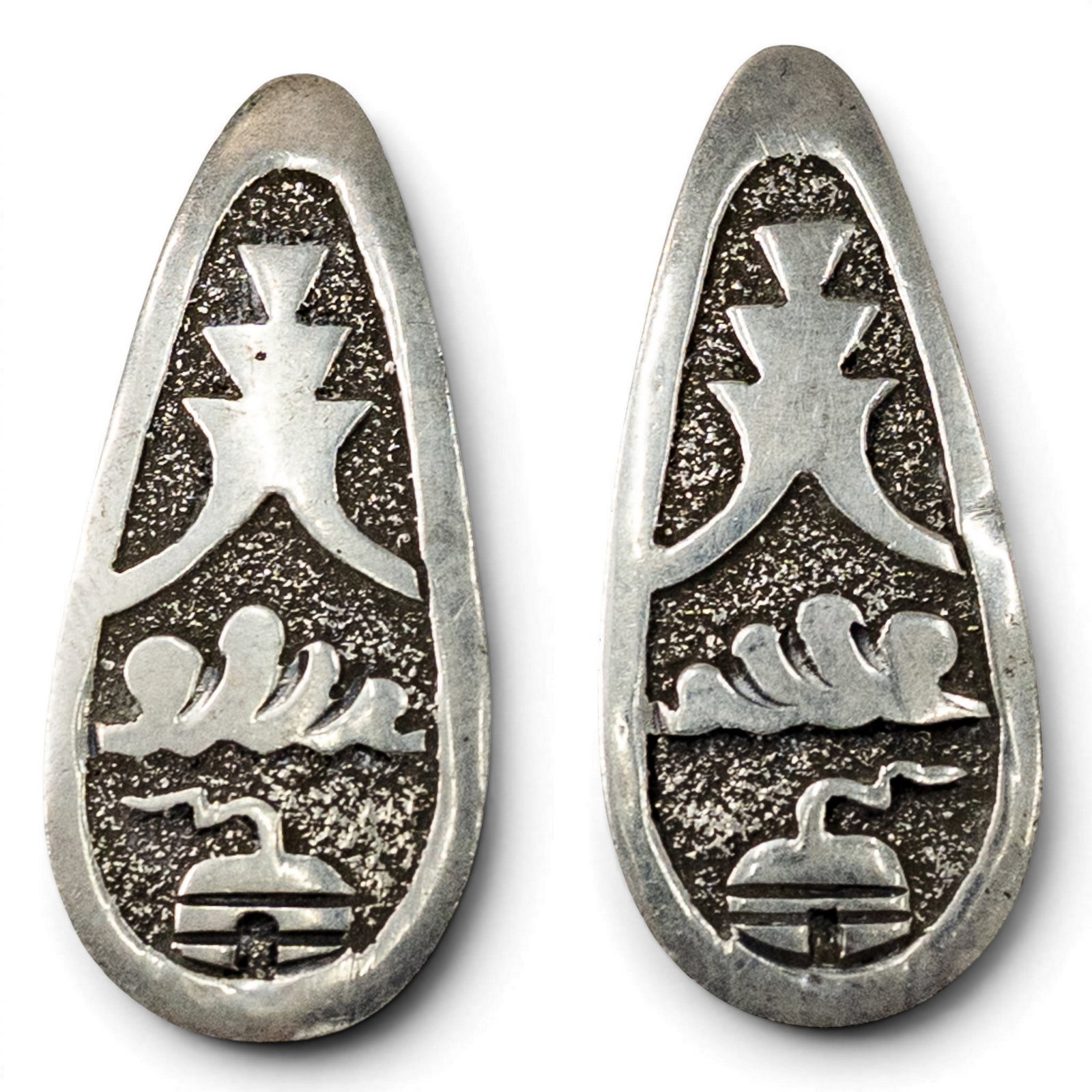 Vintage Hopi Sterling Silver Overlay Earrings Signed: Vintage Hopi Sterling Silver Overlay Earrings Signed 1970s-1980s, USA Pair of Hopi sterling silver overlay earrings with stylized bird and landscape motifs over textured oxidized grounds. Elongated te