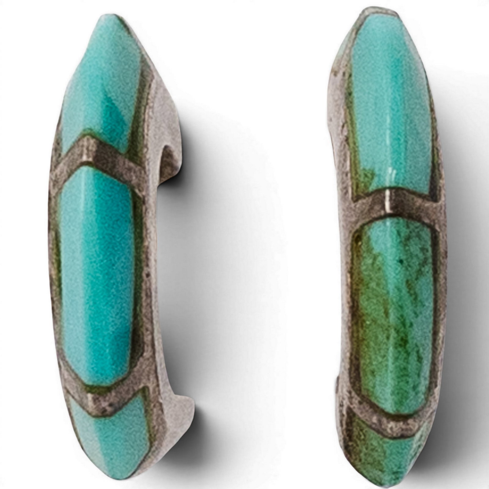Vintage Navajo Sterling Silver & Turquoise Channel Inlay Hoop Earrings: Vintage Navajo Sterling Silver & Turquoise Channel Inlay Hoop Earrings 1970s–1980s, USA Pair of Southwestern sterling silver dangle earrings set with oval turquoise cabochons suspending curved ribbo