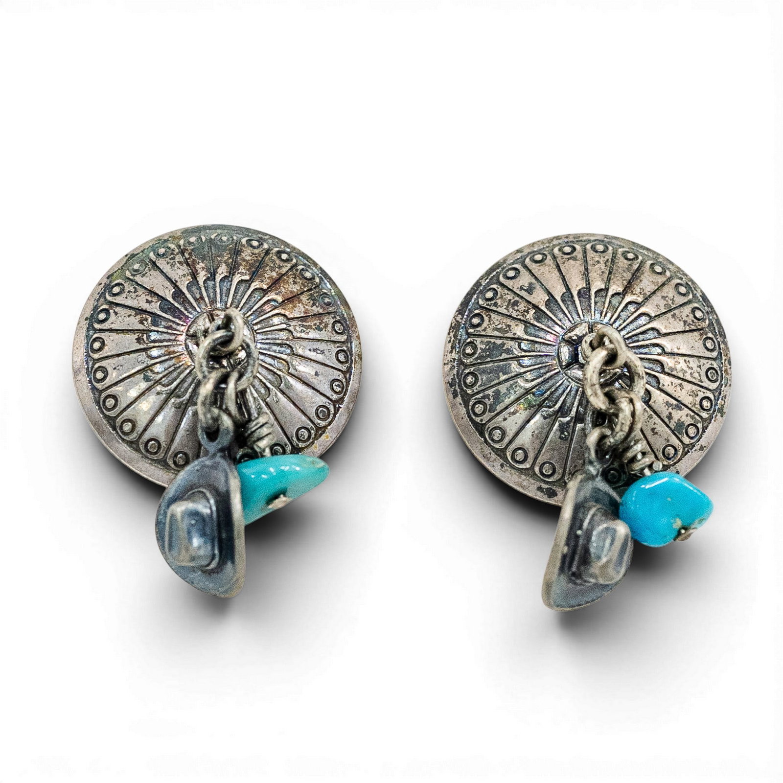 Vintage Southwestern Sterling Silver & Turquoise Charm Dangle Earrings Signed: Vintage Southwestern Sterling Silver & Turquoise Charm Dangle Earrings Signed 1970s–1980s, USA Pair of Southwestern sterling silver dangle earrings with radiating stamped dome drops suspended from t