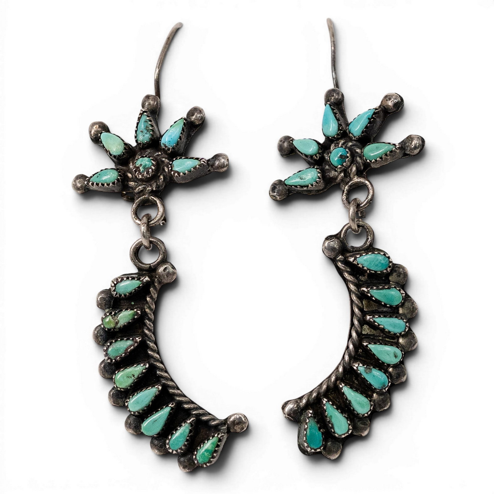 Vintage Zuni Sterling Silver & Needlepoint Turquoise Dangle Earrings (1 of 2)