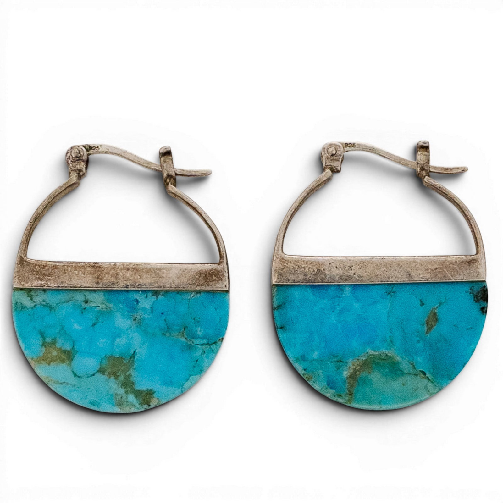 Southwestern Sterling Silver & Turquoise Hoop Earrings Signed (1 of 4)