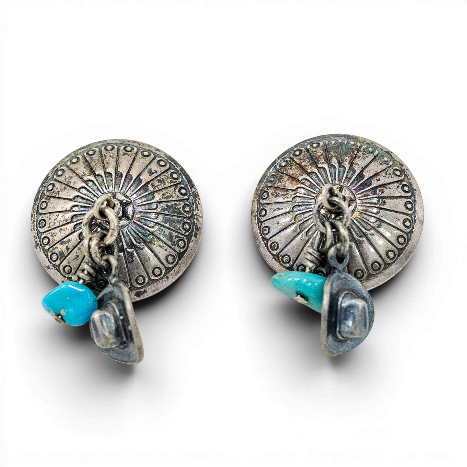 Vintage Southwestern Sterling Silver & Turquoise Dangle Charm Earrings Signed: Vintage Southwestern Sterling Silver & Turquoise Dangle Charm Earrings Signed 1970s–1980s, USA Pair of Southwestern sterling silver dangle earrings with radiating stamped dome drops suspended from t