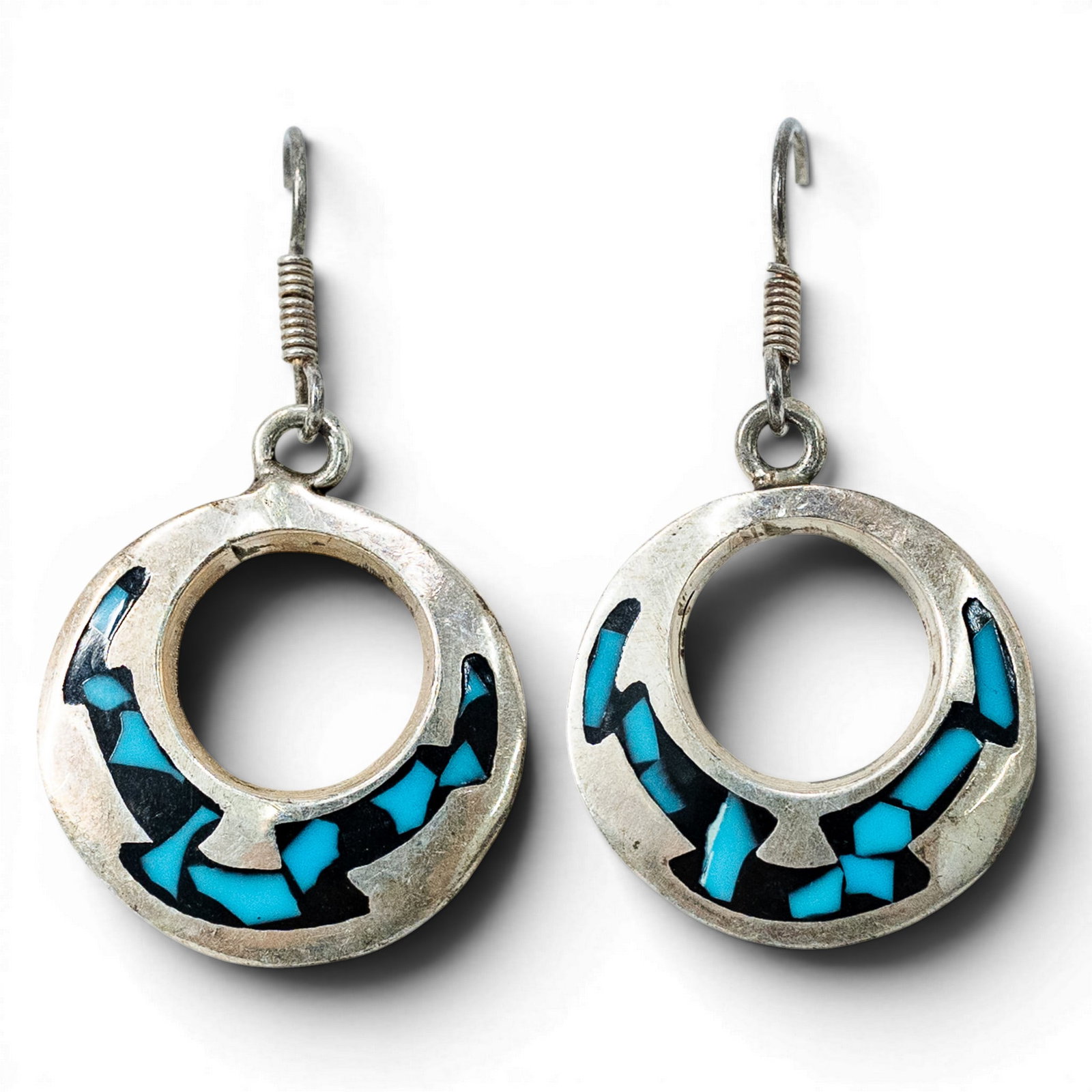 Vintage Mexican Sterling Silver Turquoise & Onyx Inlay Hoop Earrings (1 of 4)