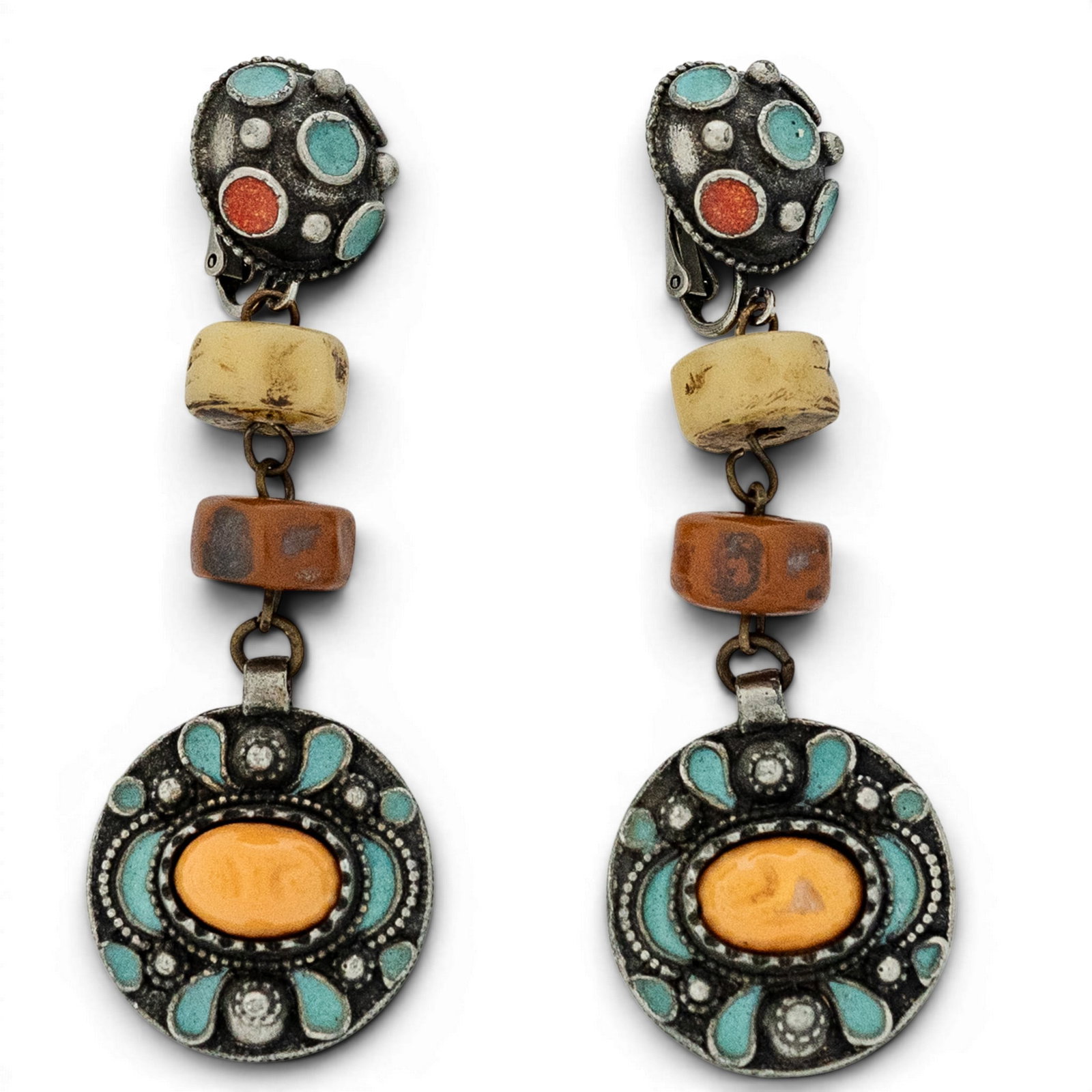 Tibetan Silver-Tone Turquoise Coral & Coin Pendant Earrings (1 of 6)