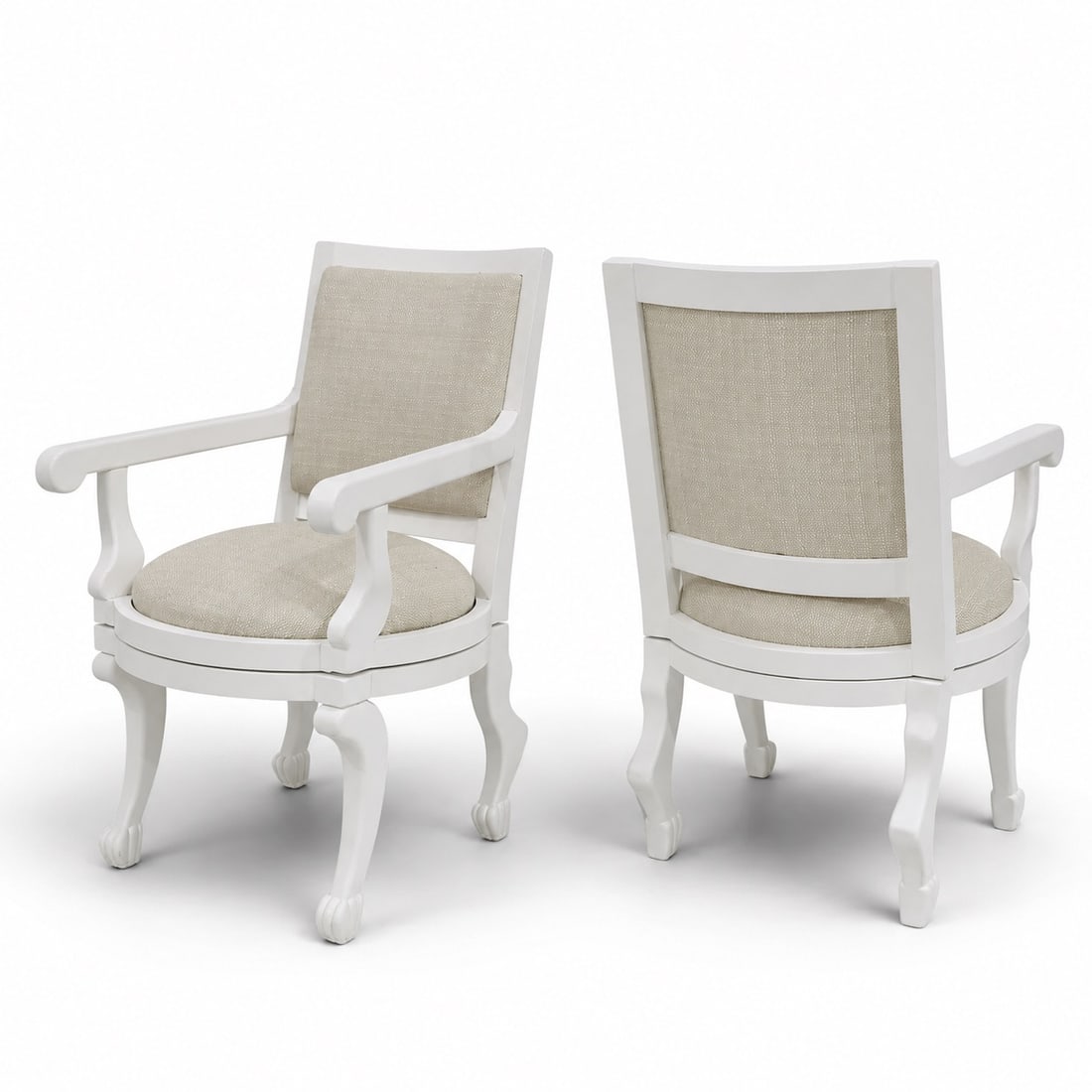 Pair of John Dickinson Swivel Armchairs: Pair of John Dickinson Swivel Armchairs Mid-20th Century, USA Pair of sculptural swivel armchairs in the manner of renowned American designer John Dickinson. Each chair features a distinctive white