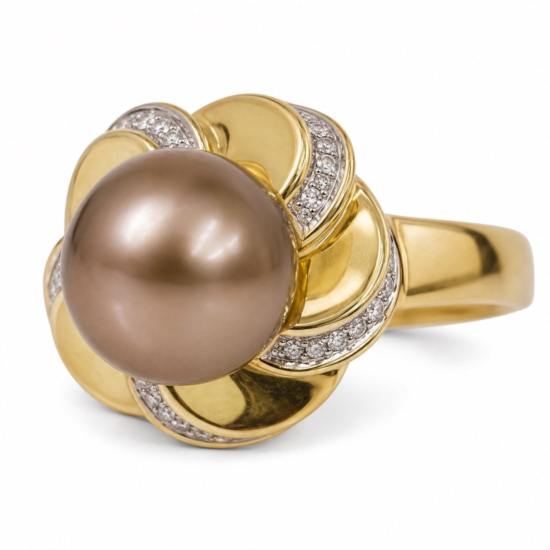14k Gold Pearl & Diamond Ring, Signed: 14k Gold Pearl & Diamond Ring, Signed Late 20th Century 14k yellow gold ring centered by an approximately 9mm chocolate freshwater pearl within a sculptural crossover setting accented by round brillia