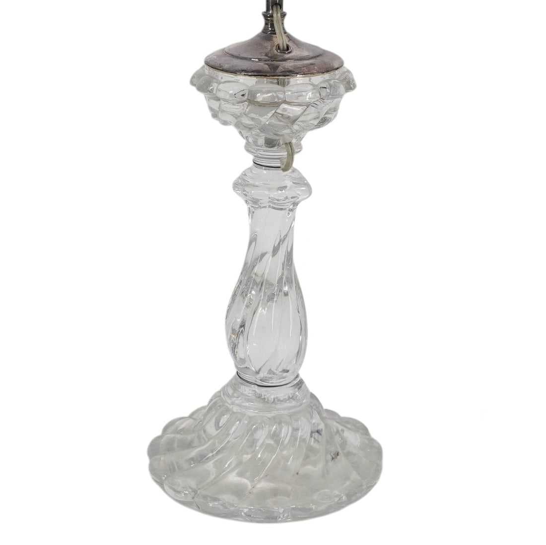 Antique Baccarat Crystal & Silverplated Lamp: Antique Baccarat Crystal & Silverplated Lamp Late 19th-early 20th century, French An antique Baccarat crystal lamp. Features a molded glass form with a spiral and ribbed design, completed with silver 