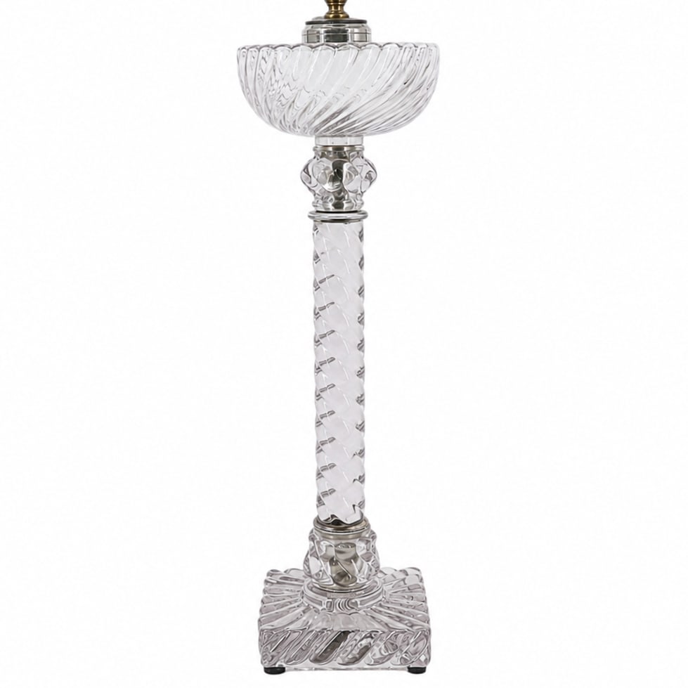 Baccarat France Pressed Swirl Glass Converted Oil Lamp: Baccarat France Pressed Swirl Glass Converted Oil Lamp Late 19th Century, France A Baccarat France pressed crystal oil lamp, later converted for electrical use, featuring a pale amethyst hue and an el