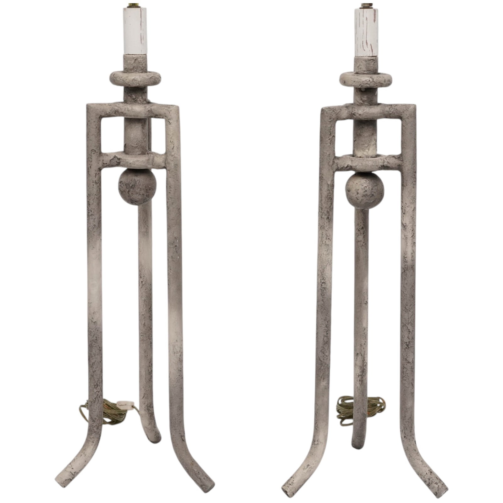 Pair Brutalist Style Contemporary Table Lamps: Pair Brutalist Style Contemporary Table Lamps 20th century, USA Both lamps feature white, cone-shaped shades with a smooth finish. The bases are constructed from light gray painted metal, showing a fa