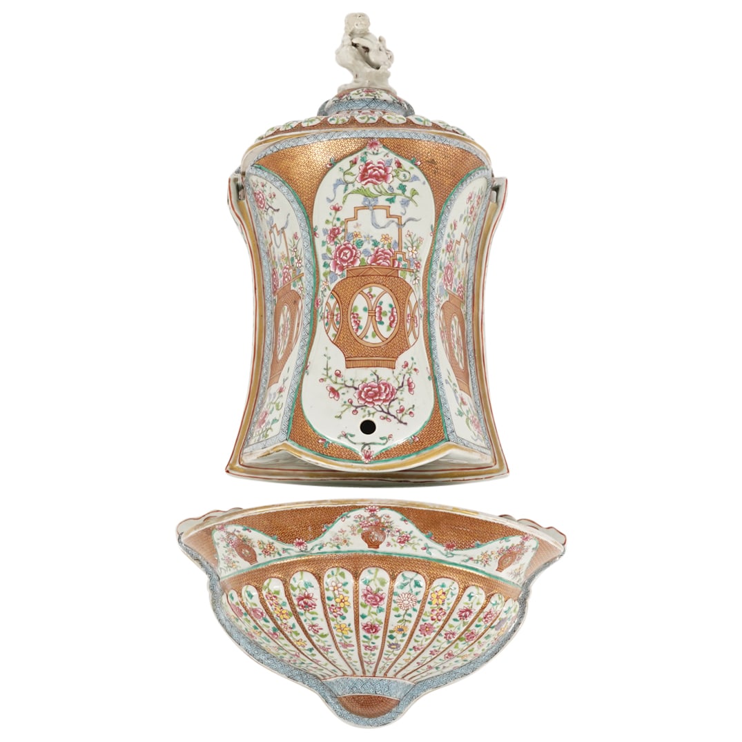 Antique Chinese Export Famille Rose Porcelain Wall Vase And Font: Antique Chinese Export Famille Rose Porcelain Wall Vase And Font 19th Cent, China Antique famille rose porcelain vase and font set, each piece of which is decorated with delicately gilt accented flora
