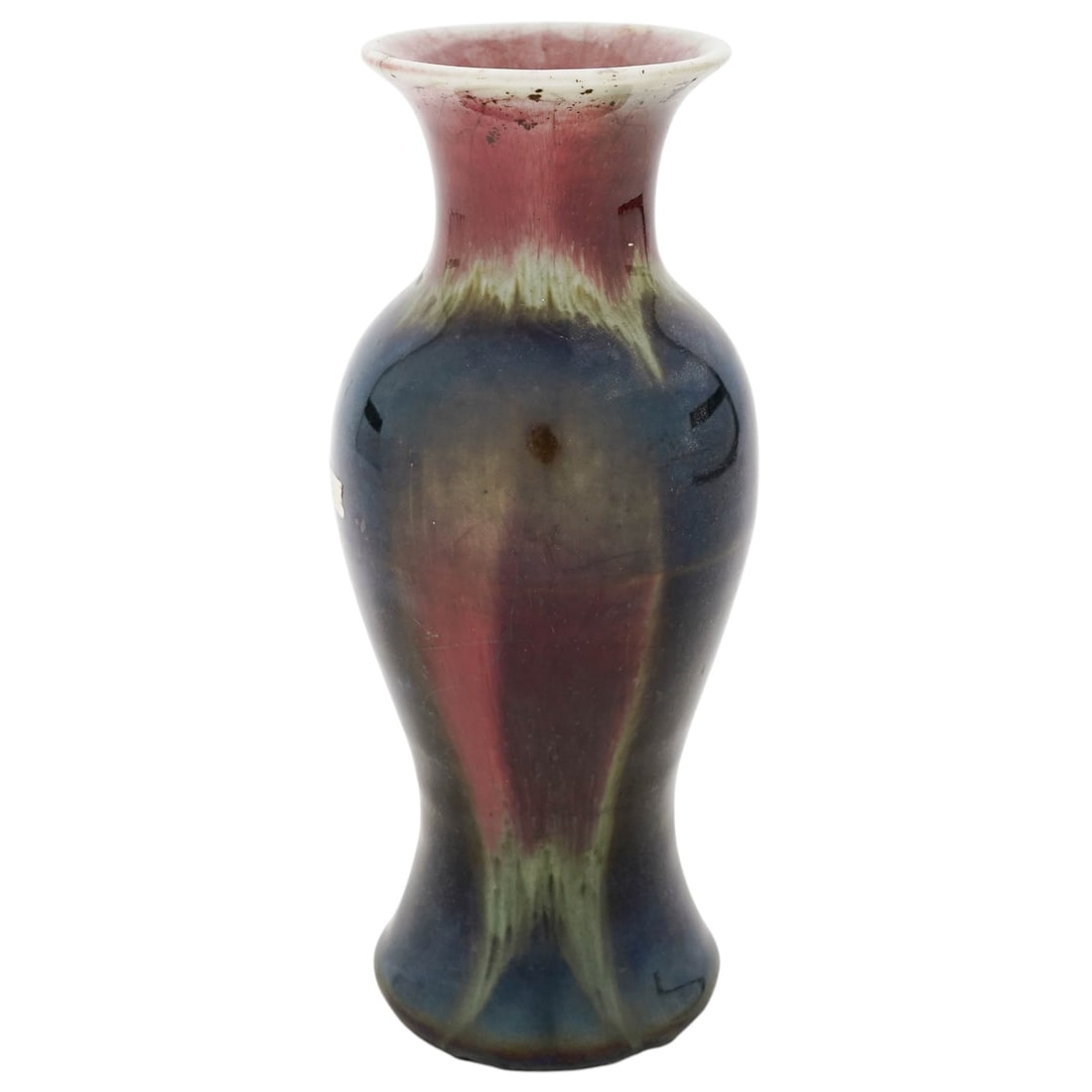 Antique Chinese Ceramic Baluster flambé Oxblood Glaze Vase: Antique Chinese Ceramic Baluster flambé Oxblood Glaze Vase 1850-1900, Chinese Late Qing dynasty, Chinese ceramic baluster-shaped flambé vase, featuring a high-gloss, multi-colored glaze. The piece d