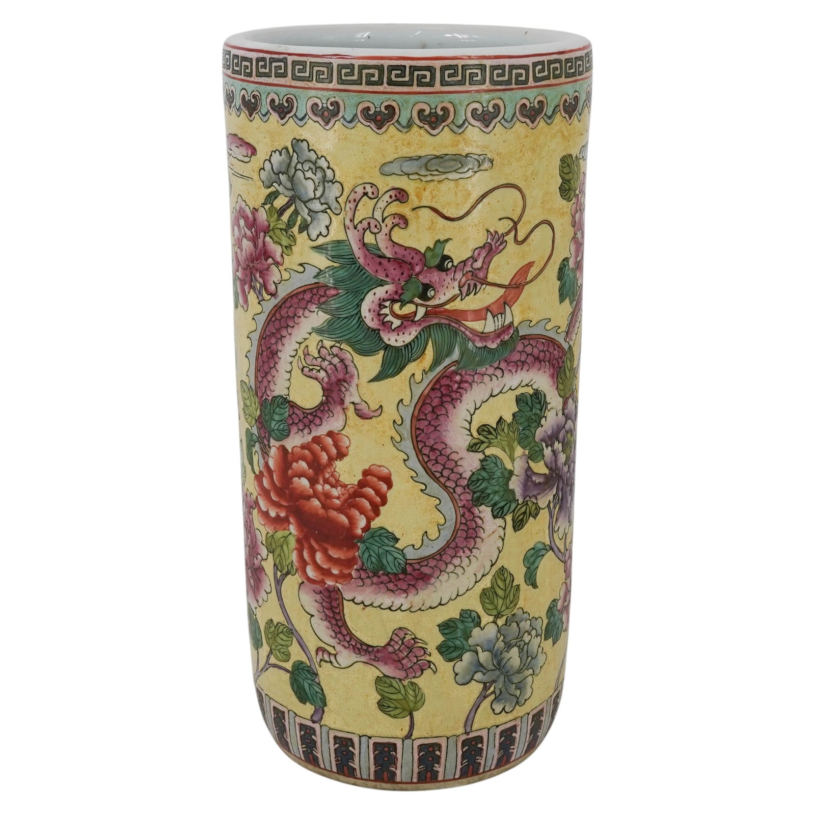 Chinese Famille Jaune Dragon Porcelain Umbrella Stand: Chinese Famille Jaune Dragon Porcelain Umbrella Stand Late 19th - Early 20th Century, China Decorative Chinese porcelain umbrella stand featuring a famille jaune palette with hand-painted dragon motif
