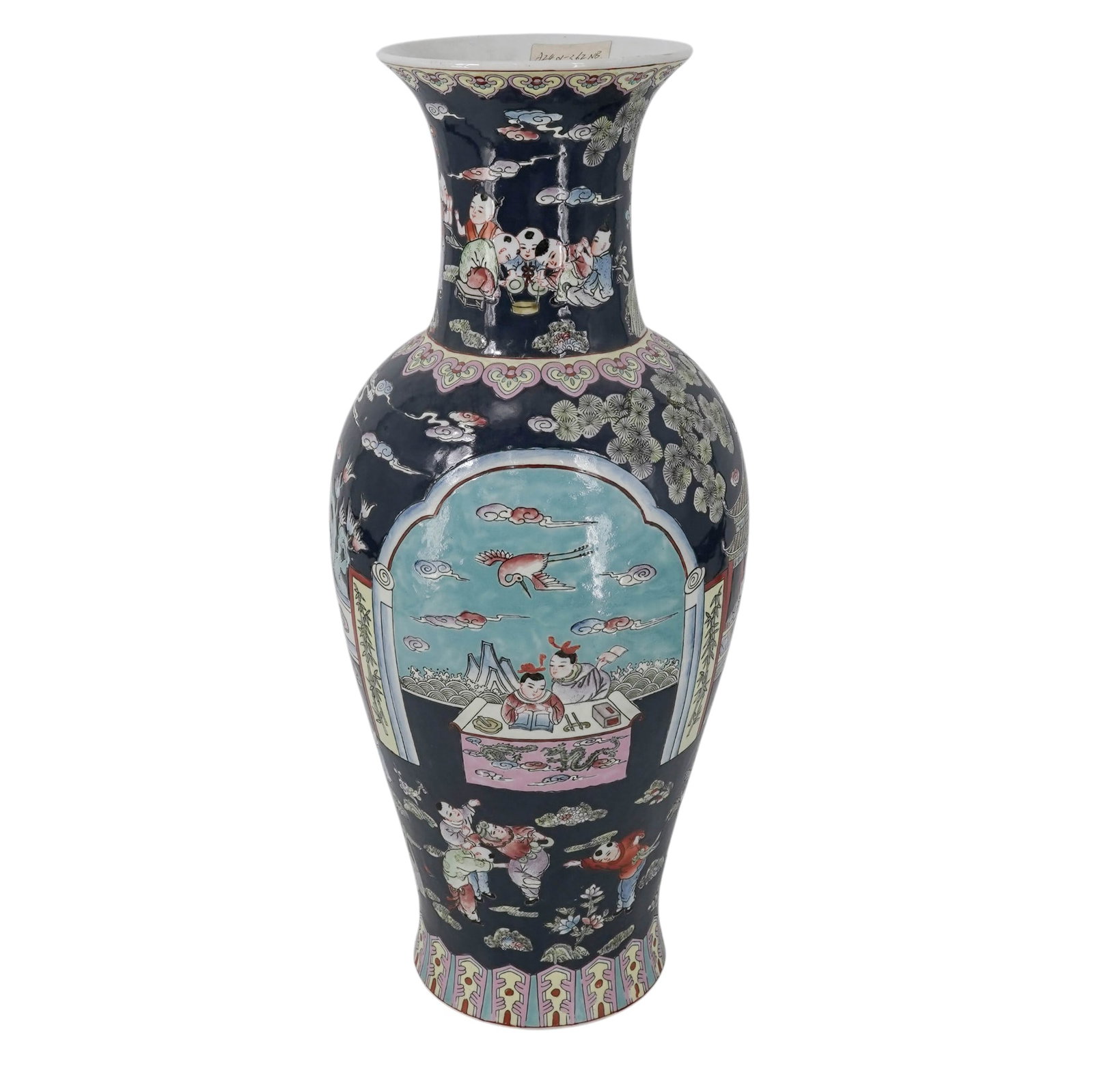 Large Chinese Powder Blue Export Porcelain Vase: Large Chinese Powder Blue Export Porcelain Vase Mid 20th Cent. Chinese The body of the vase is covered in a deep, glossy navy blue glaze that serves as a dramatic backdrop. Vibrant hand-painted detail