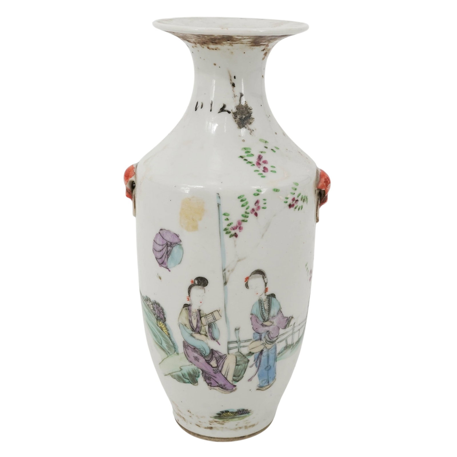 Chinese Export Famille Rose Porcelain Vase: Chinese Export Famille Rose Porcelain Vase 19th century, Chinese The main scene shows traditional figural landscape scene with two elegantly attired women positioned outdoors by a low fence, with Chin