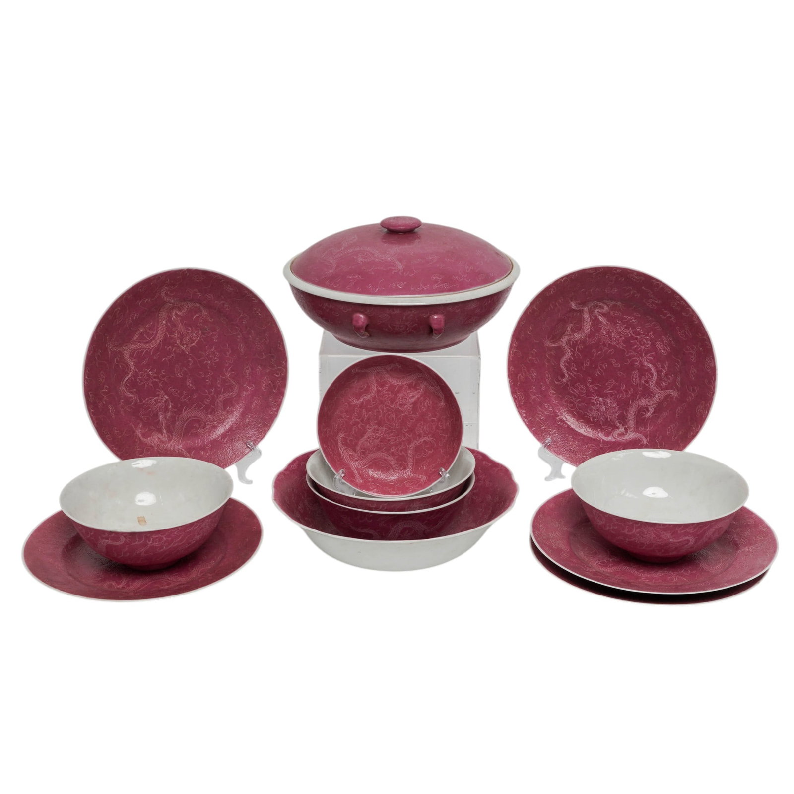 (12 pc) Vintage Chinese Pink Sgraffito Service Set (1 of 15)