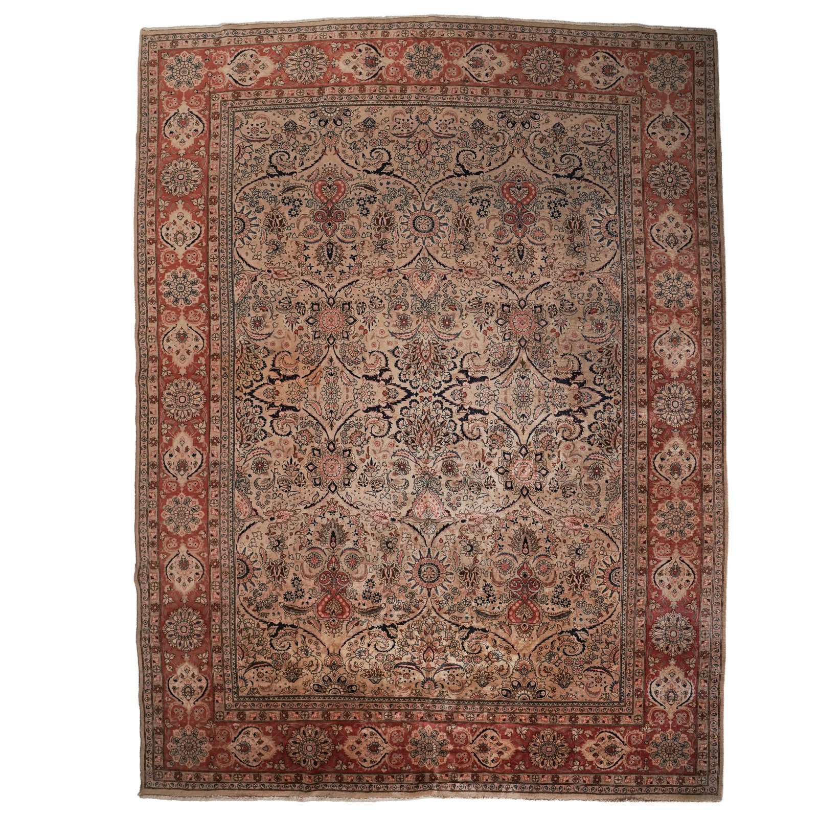 Fine Persian Tabriz Wool Carpet: Fine Persian Tabriz Wool Carpet 20th century, Iran A fine Persian Tabriz wool carpet featuring an all-over garden design with a gold back ground, navy border. The design and background color is rare,