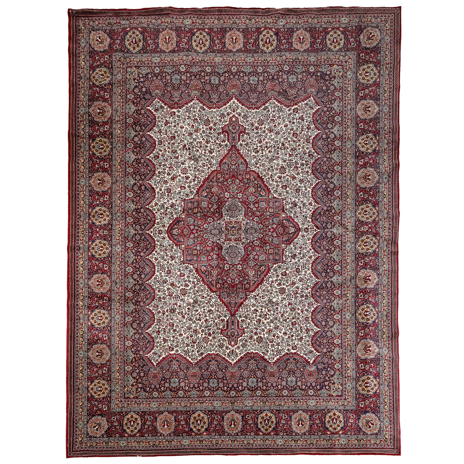 Large Kashan Wool Rug: Large Kashan Wool Rug 20th century, Egypt A Kashan designed wool area rug. Features distinctive diamond-shaped central medallion against a finely patterned cream field, surrounded by deep burgundy