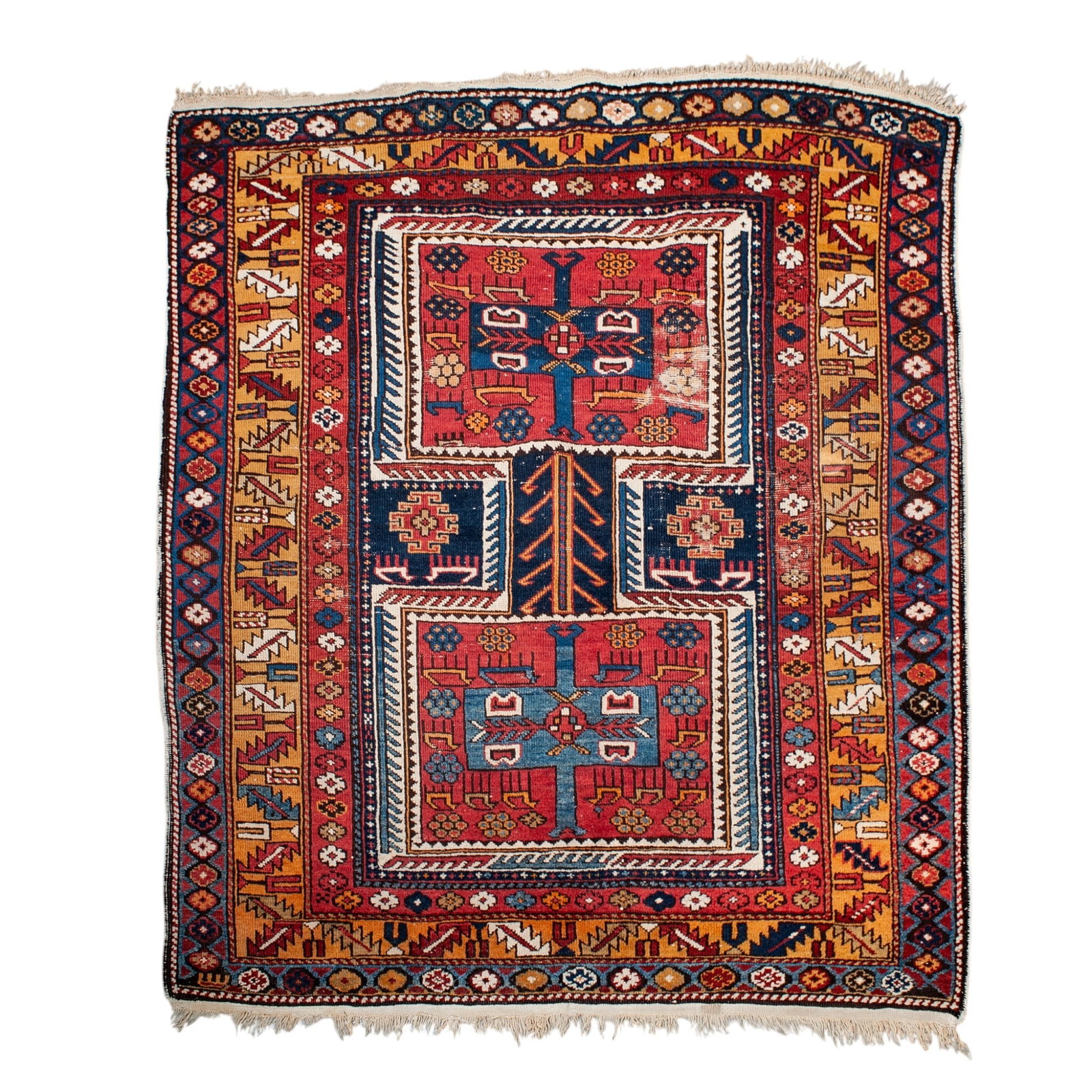 Antique Caucasian Wool Kazak Rug: Antique Caucasian Wool Kazak Rug Late 19th Century, Caucasus Mountain Region Antique Caucasian Kazak rug hand-knotted in wool, celebrated for its bold geometric patterns, vibrant coloration, and
