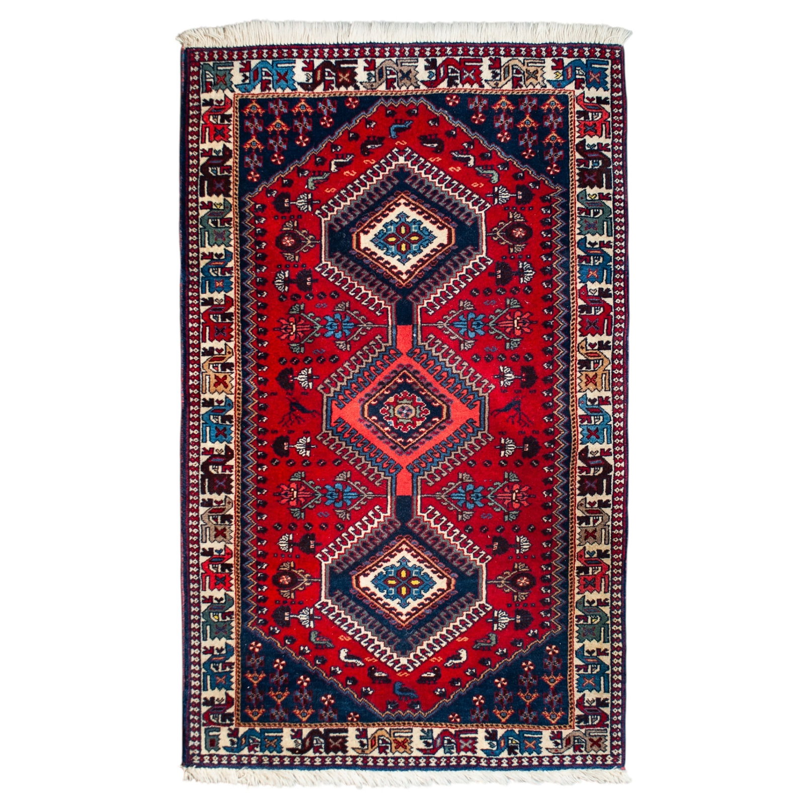 Persian Wool Hand Knotted Yalameh Rug: Persian Wool Hand Knotted Yalameh Rug Mid 20th Century, Iran Persian yalameh wool rug L: 51 1/2" x W: 31"