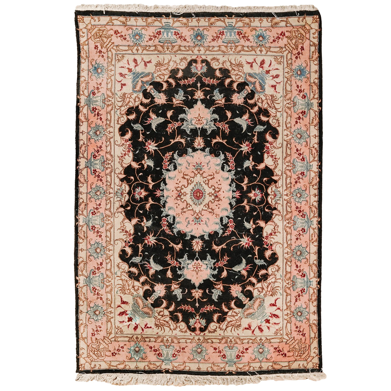 Persian Tabriz Wool Rug: Persian Tabriz Wool Rug 20th century Persian Tabriz rug, featuring a traditional floral medallion design. It utilizes the classic Naghsh or Mahi layout, highlighted by a central cream and pink medalli