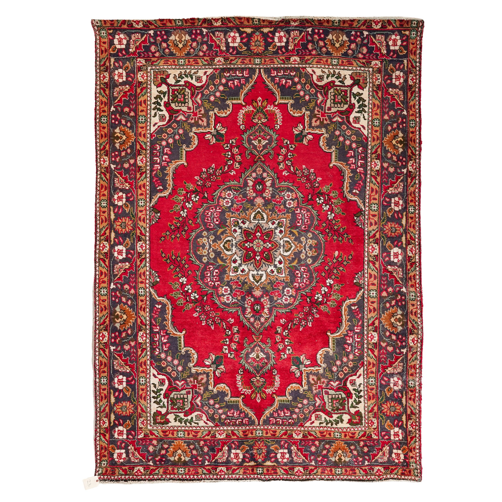 Persian Kashan Wool Area Rug: Persian Kashan Wool Area Rug 20th century, Iran A Persian Kashan wool area rug. Traditional Shah Abbasi medallion layout, featuring a central floral diamond medallion enclosed by prominent navy blue