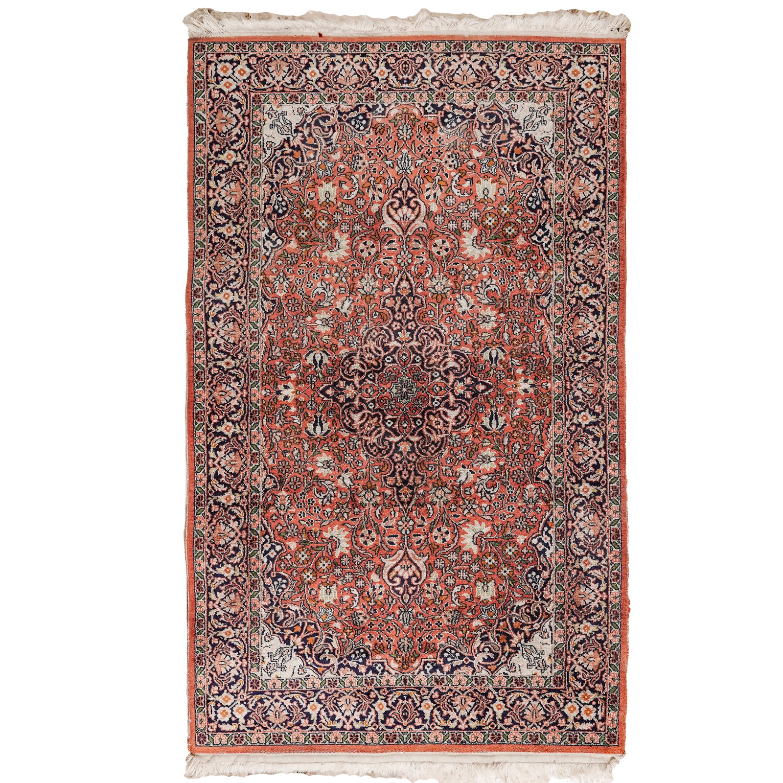 Persian Qum Wool Rug: Persian Qum Wool Rug Mid 20th century, Perisan hand-knotted Persian Qum (Qom) style oriental area rug, closely mirroring classical mid-20th-century floral medallion designs. It features a prominent