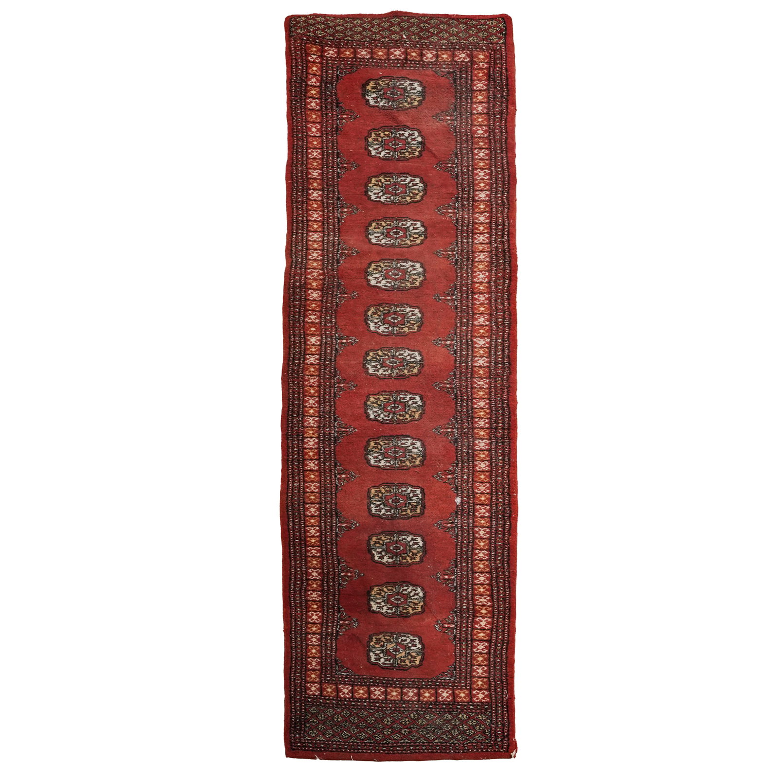 Bokhara Wool Runner Rug: Bokhara Wool Runner Rug 20th century Traditional hand-knotted Bokhara wool runner rug. It features a single row of repeating "Elephant's Foot" (or Gul) medallions, which is a hallmark of Turkmen and t