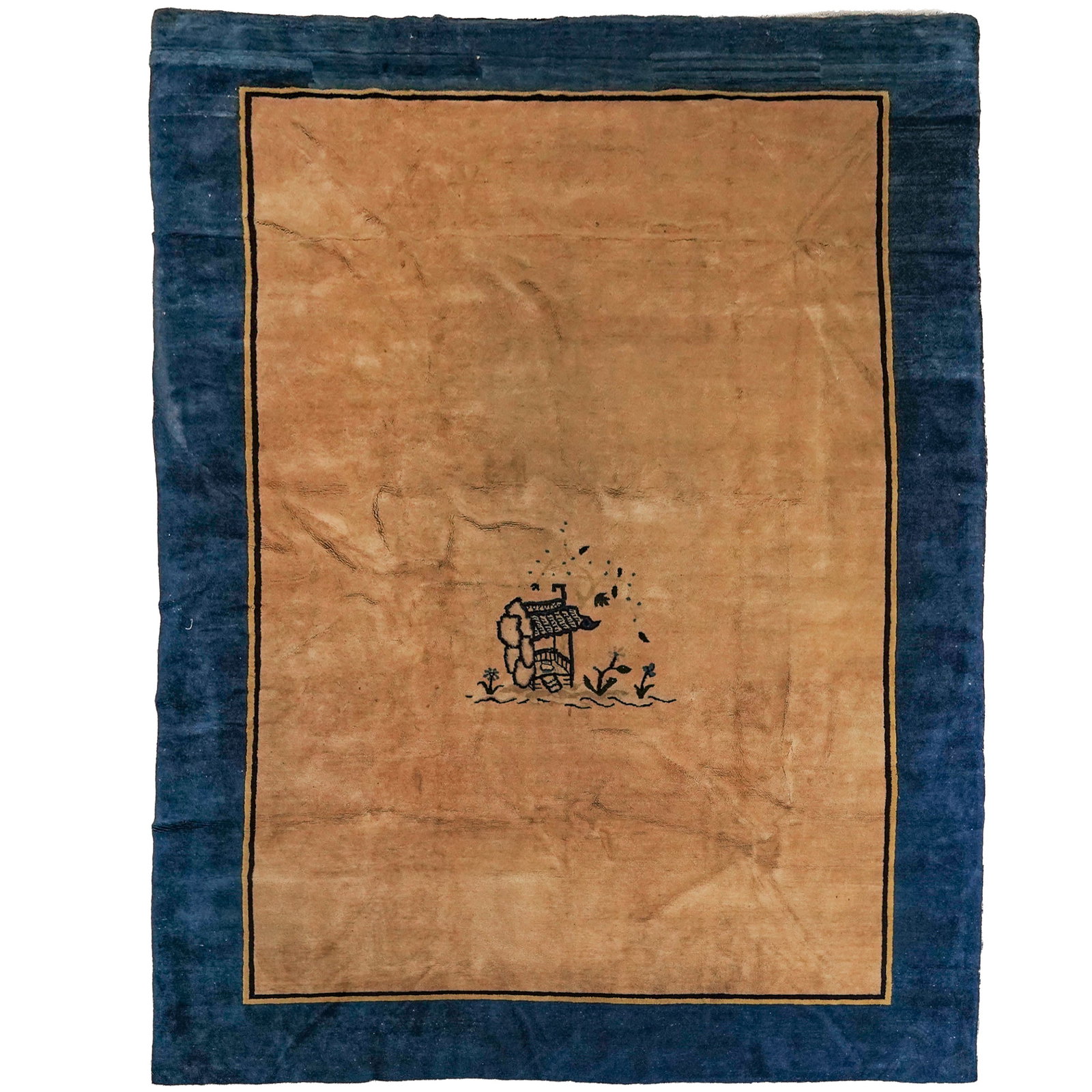Antique Chinese Peking Wool Area Rug: Antique Chinese Peking Wool Area Rug Late 19th-early 20th century, Chinese An antique Chinese Peking wool area rug. Features a minimalist, open-field design in a soft camel, tan, or wheat tone with