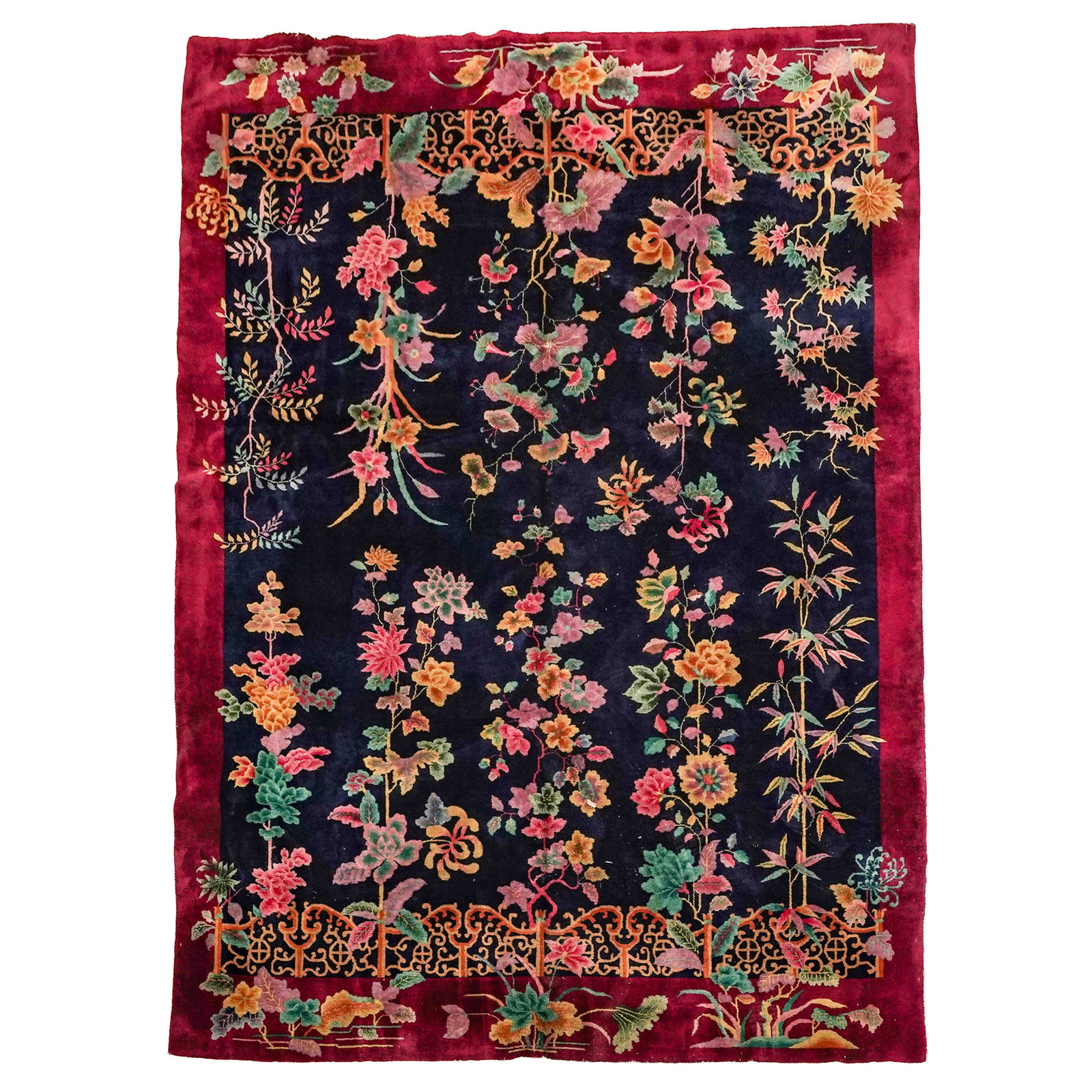Stark Carpet Art Deco Style Chinoiserie Wool Rug: Stark Carpet Art Deco Style Chinoiserie Wool Rug 20th century, USA This is a Stark Carpet wool rug featuring an Art Deco style floral Chinoiserie design throughout. Marked on verso with small "Stark