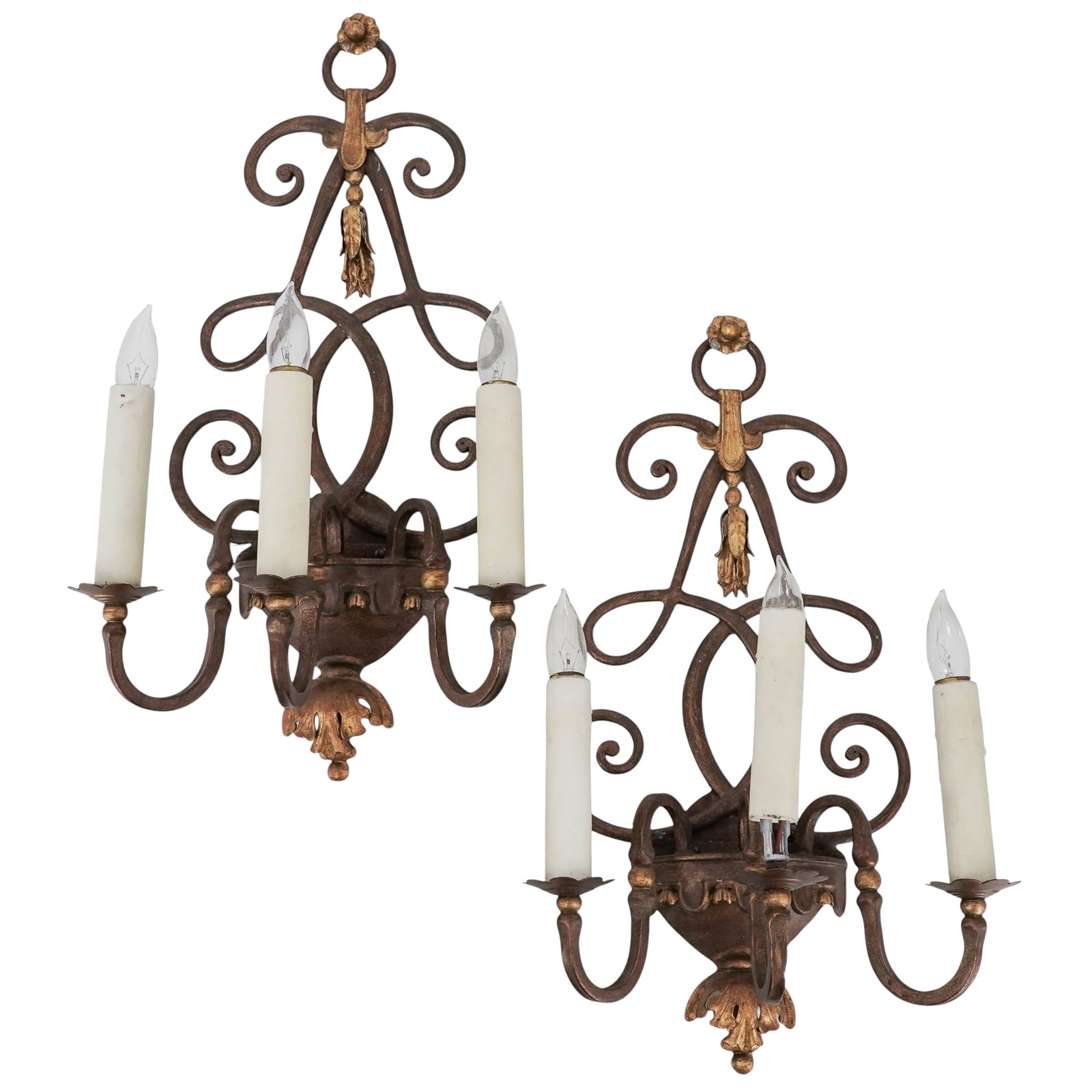 19th Cent. Pair Wrought Iron French Wall Sconces (1 of 4)