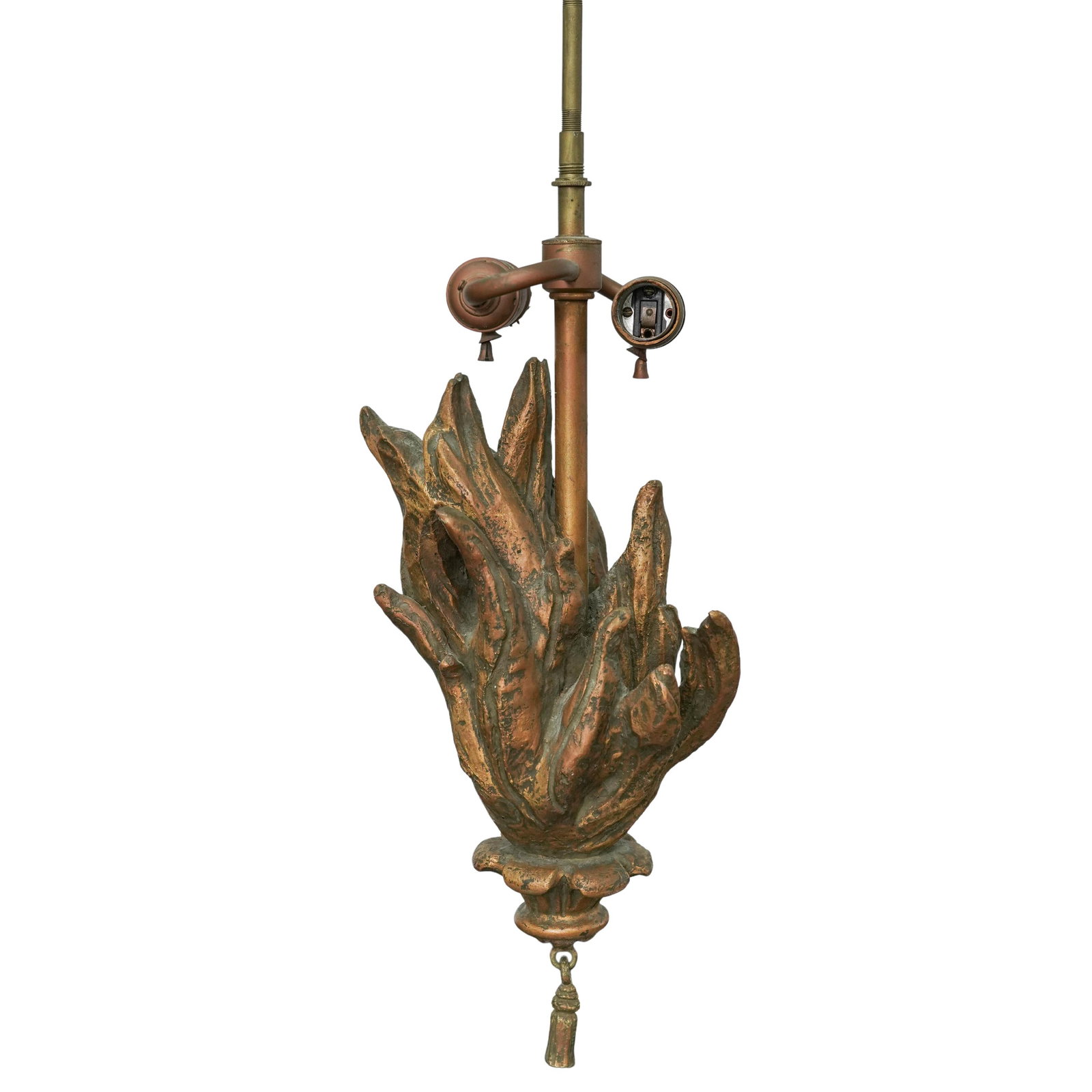Antique English Wood Carved Torch Pendant Lamp: Antique English Wood Carved Torch Pendant Lamp Early 20th Century, England Decorative English torch-form pendant lamp crafted from carved wood and accented with remnants of gilt decoration. The