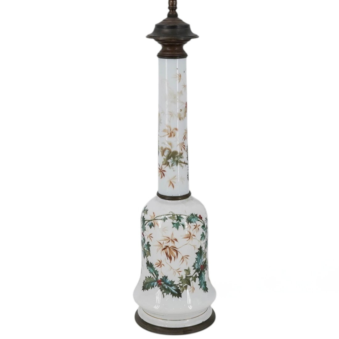 White Ceramic Holly Design Occasional Lamp: White Ceramic Holly Design Occasional Lamp Early-Mid 20th Cent. Decorative table lamp with a smooth white ceramic body featuring holly leaf and berry motifs applied as surface decoration (not raised